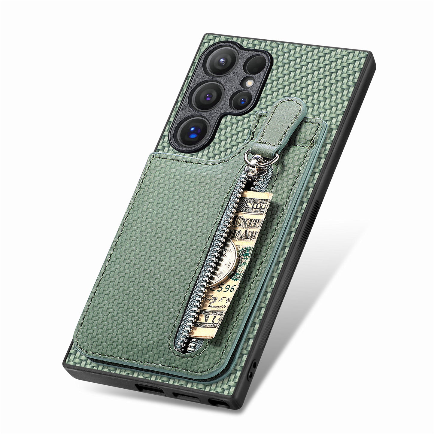 For Samsung Galaxy S24 Ultra Case Zipper Pocket Kickstand Phone Cover - Green