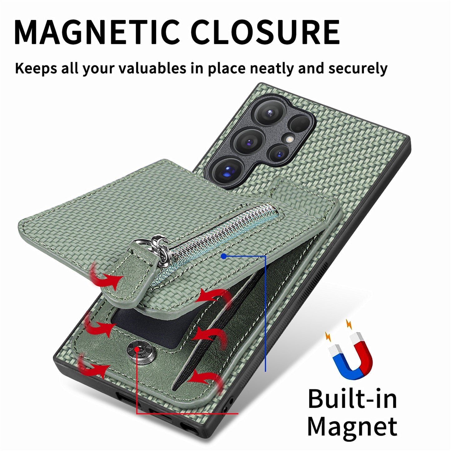 For Samsung Galaxy S24 Ultra Case Zipper Pocket Kickstand Phone Cover - Green