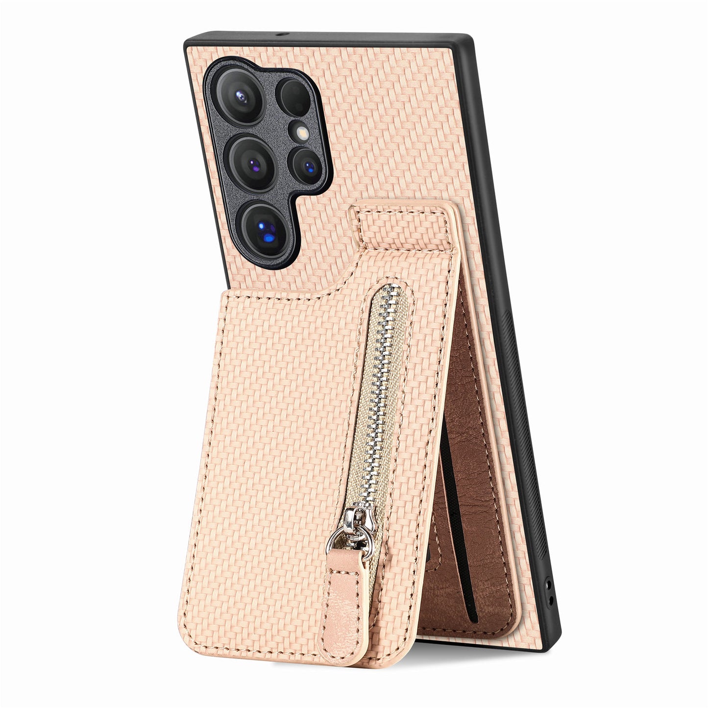 For Samsung Galaxy S24 Ultra Case Zipper Pocket Kickstand Phone Cover - Apricot