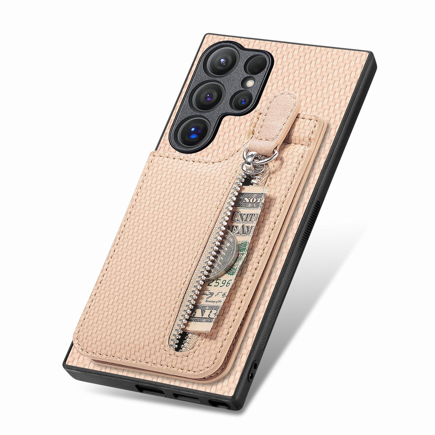 For Samsung Galaxy S24 Ultra Case Zipper Pocket Kickstand Phone Cover - Apricot