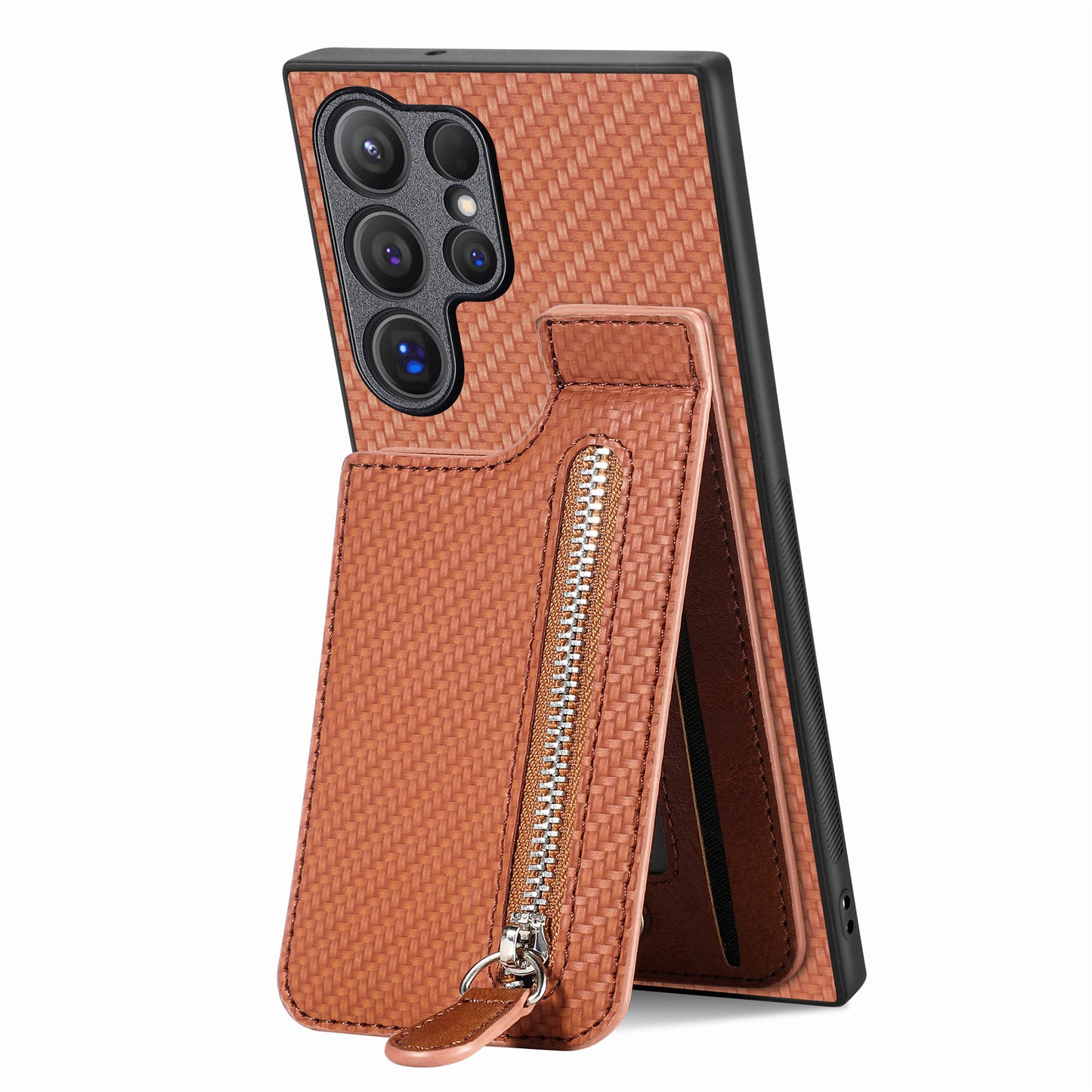 For Samsung Galaxy S24 Ultra Case Zipper Pocket Kickstand Phone Cover - Brown