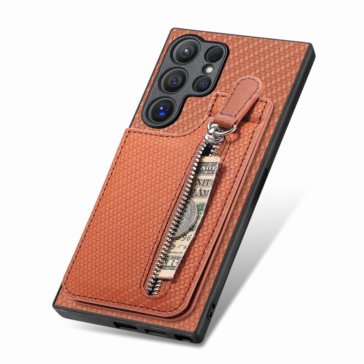 For Samsung Galaxy S24 Ultra Case Zipper Pocket Kickstand Phone Cover - Brown