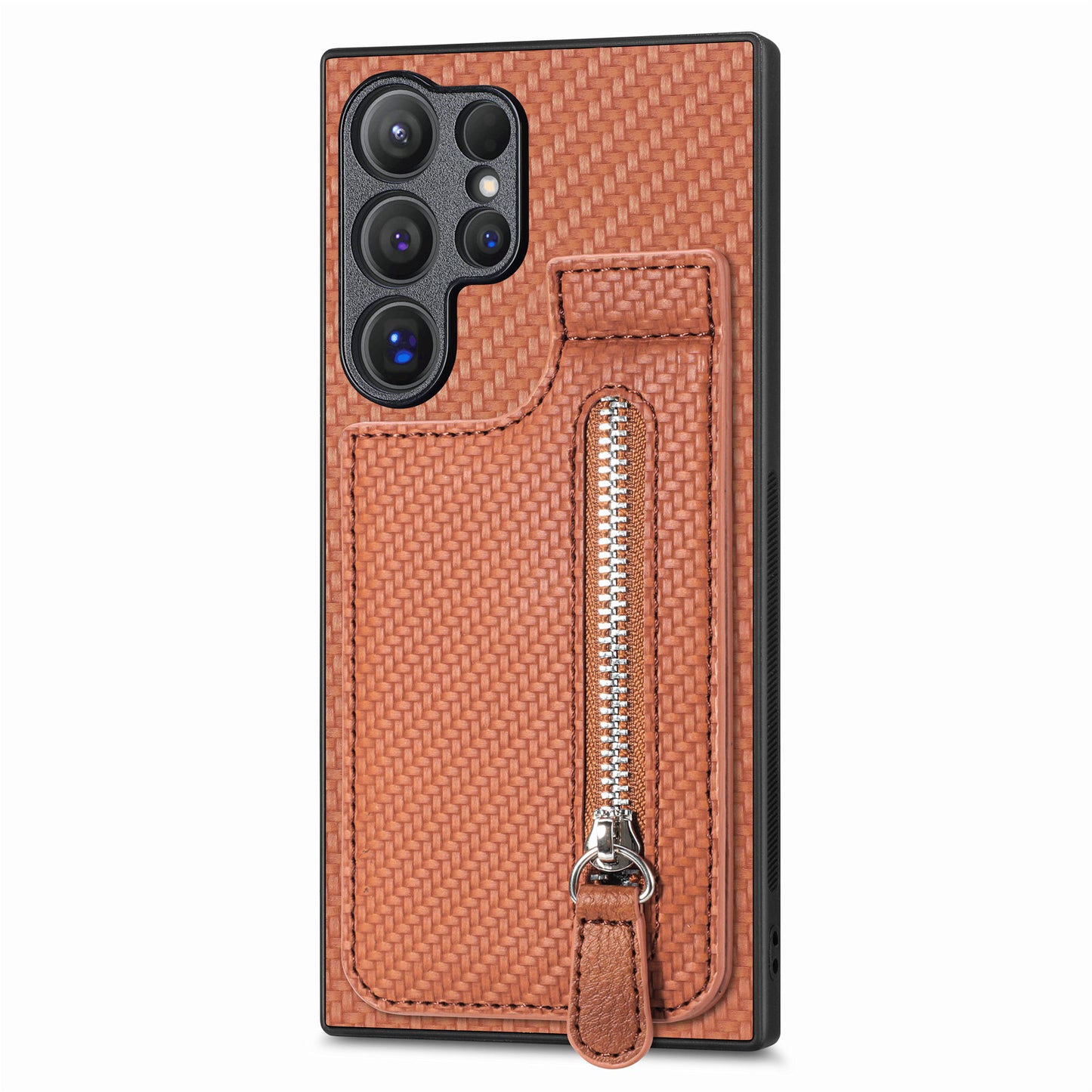 For Samsung Galaxy S24 Ultra Case Zipper Pocket Kickstand Phone Cover - Brown