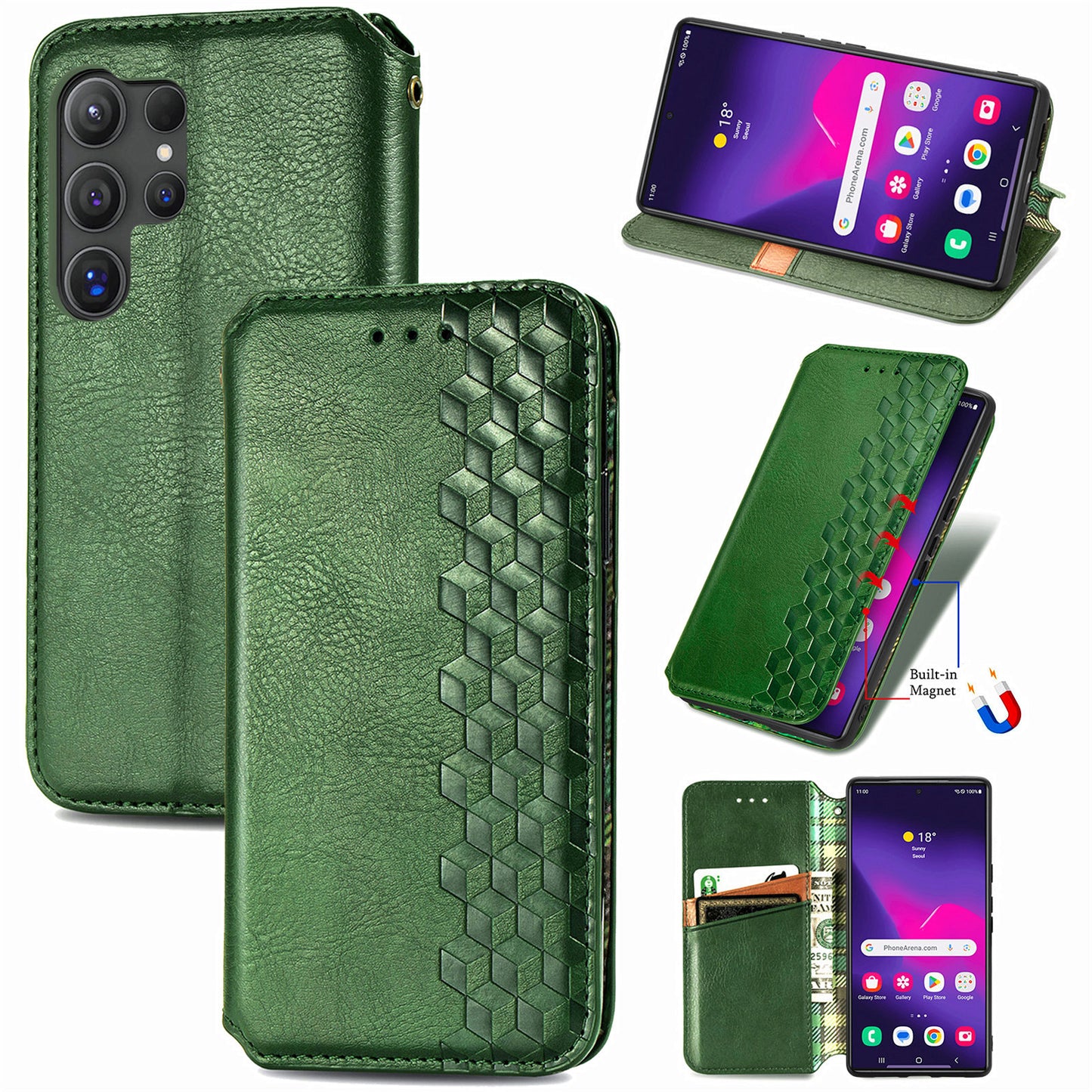 For Samsung Galaxy S24 Ultra Case Rhombus Pattern Wallet Stand Phone Cover - Green