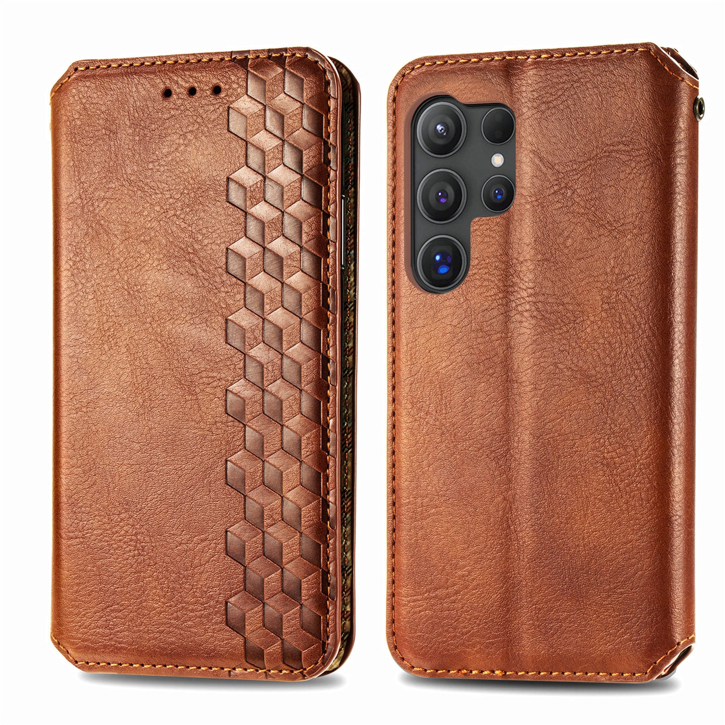For Samsung Galaxy S24 Ultra Case Rhombus Pattern Wallet Stand Phone Cover - Brown