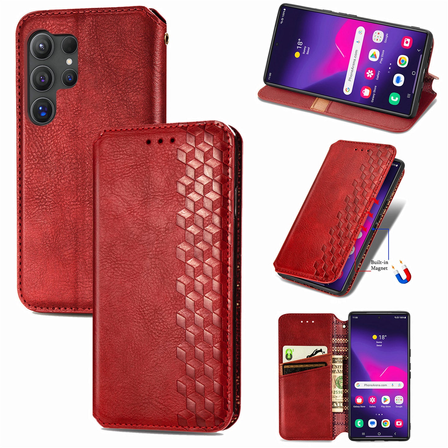 For Samsung Galaxy S24 Ultra Case Rhombus Pattern Wallet Stand Phone Cover - Red