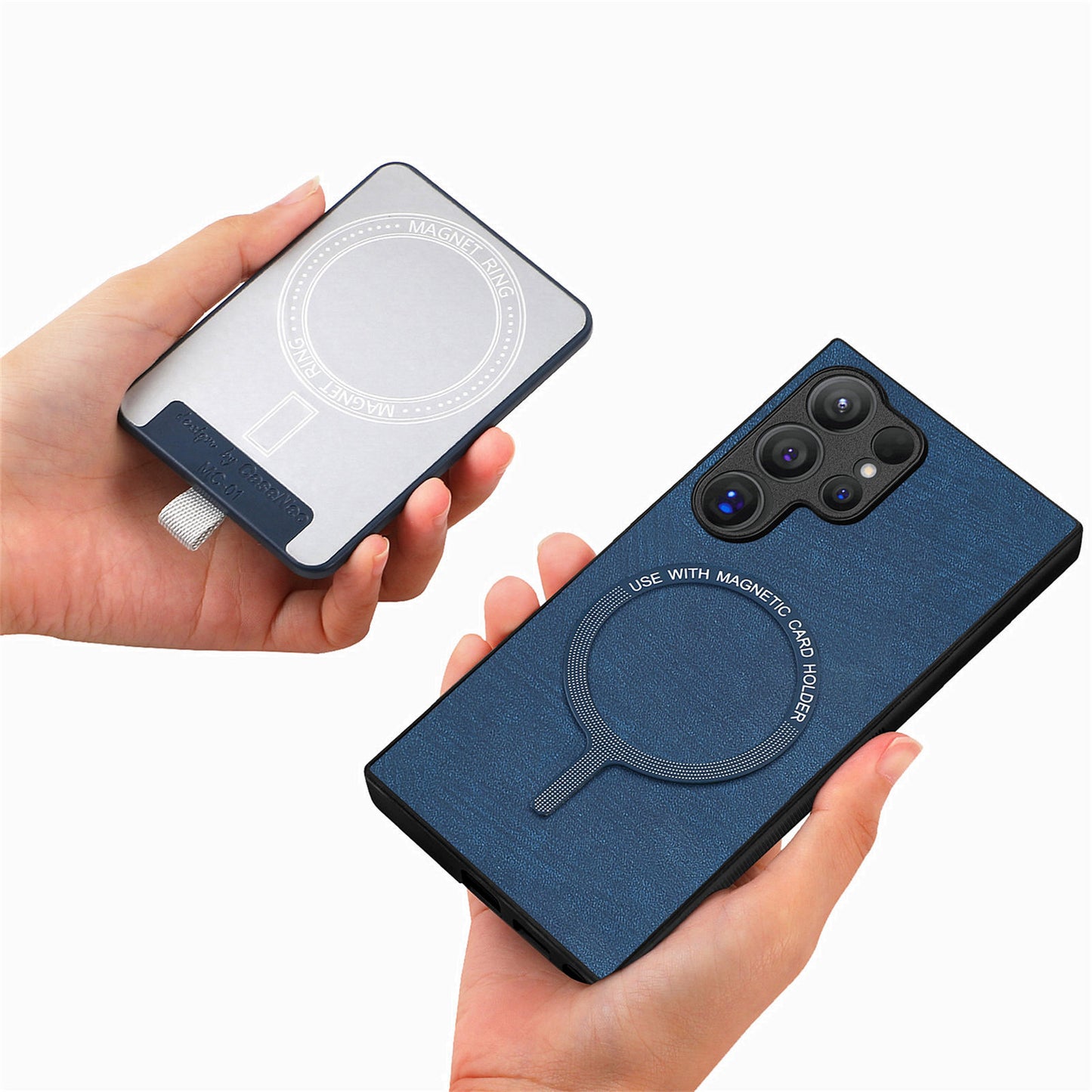 D7 For Samsung Galaxy S24 Ultra Case Ring Kickstand Phone Cover with Detachable Card Bag - Blue