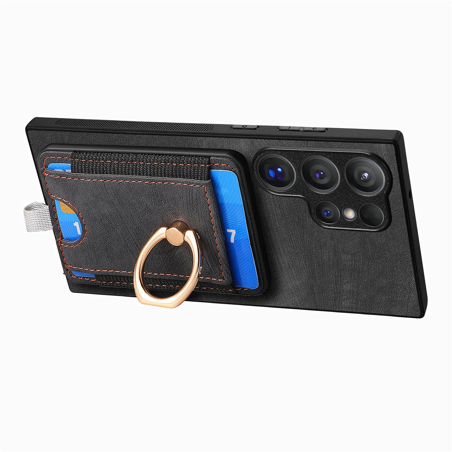 D7 For Samsung Galaxy S24 Ultra Case Ring Kickstand Phone Cover with Detachable Card Bag - Black