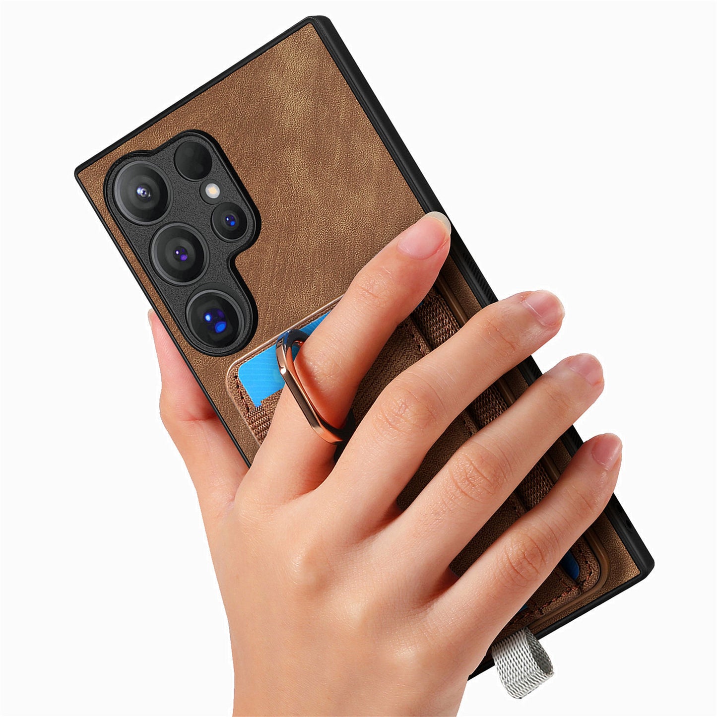 D7 For Samsung Galaxy S24 Ultra Case Ring Kickstand Phone Cover with Detachable Card Bag - Brown