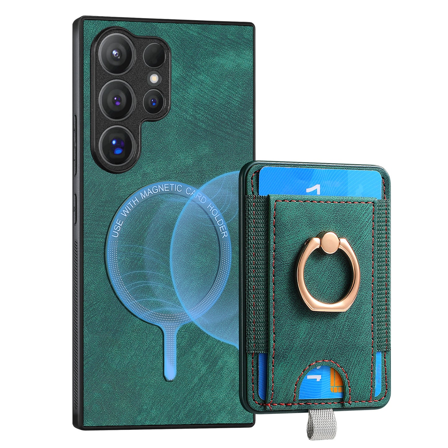 D7 For Samsung Galaxy S24 Ultra Case Ring Kickstand Phone Cover with Detachable Card Bag - Green