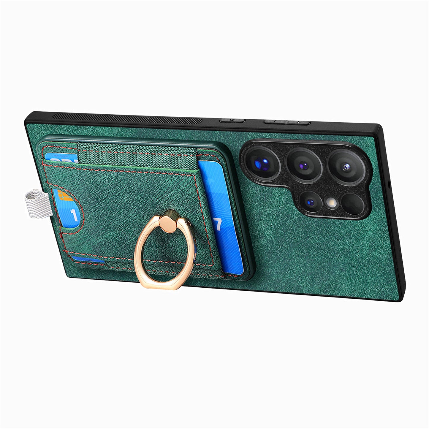D7 For Samsung Galaxy S24 Ultra Case Ring Kickstand Phone Cover with Detachable Card Bag - Green