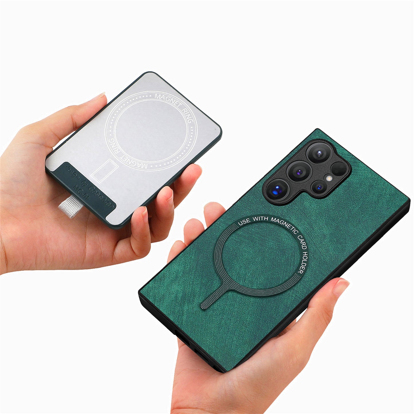 D7 For Samsung Galaxy S24 Ultra Case Ring Kickstand Phone Cover with Detachable Card Bag - Green