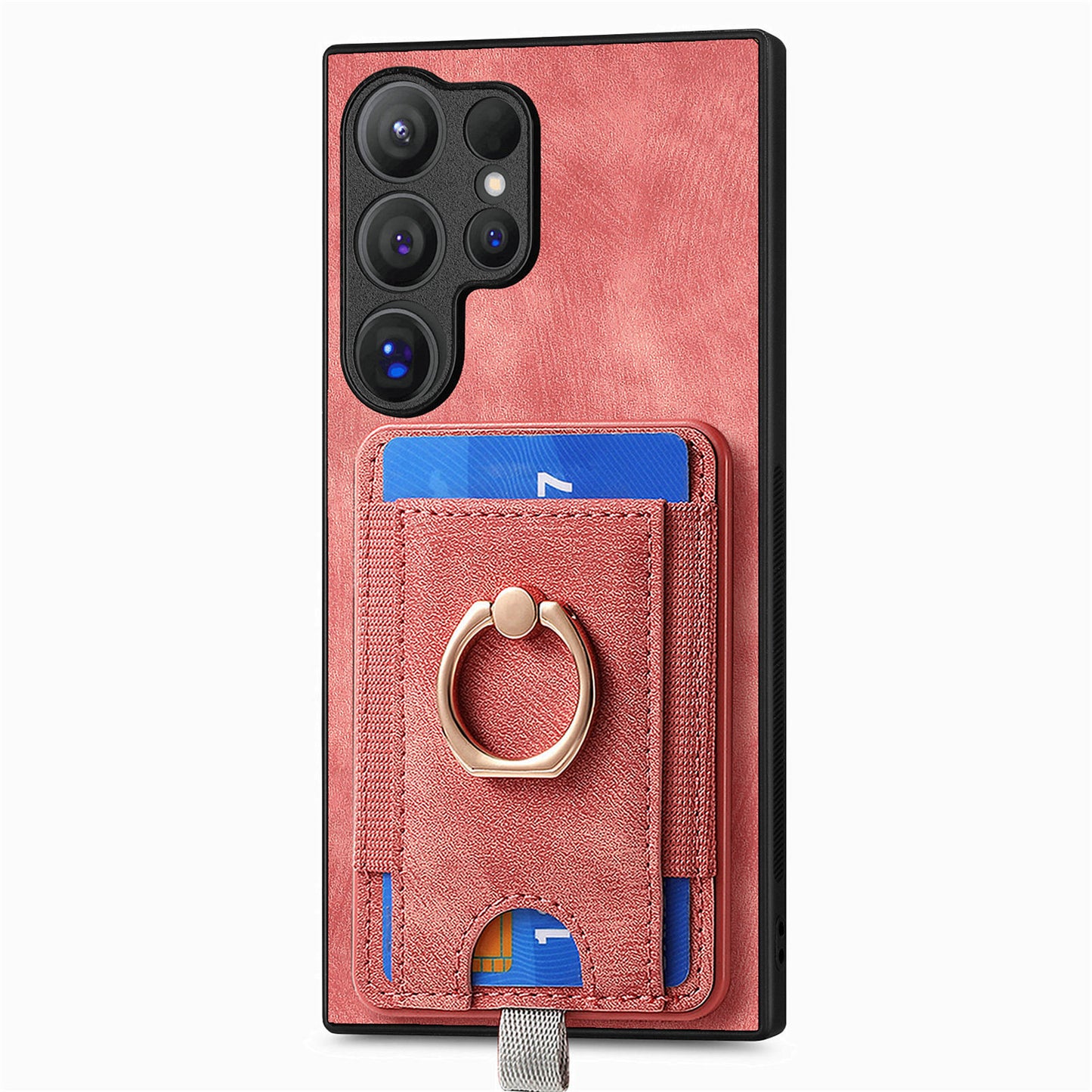 D7 For Samsung Galaxy S24 Ultra Case Ring Kickstand Phone Cover with Detachable Card Bag - Pink