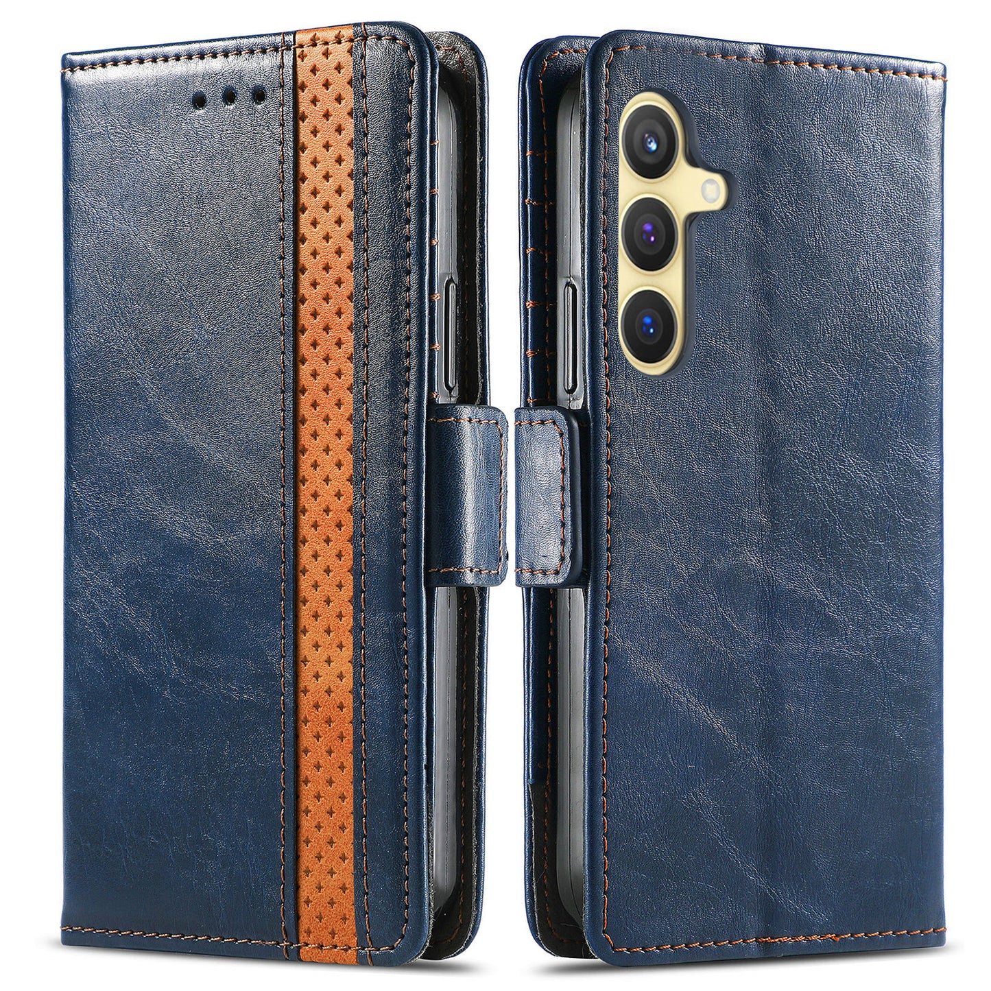 CASENEO 002 Series For Samsung Galaxy S24 Case RFID Blocking Splicing Wallet Phone Cover - Dark Blue