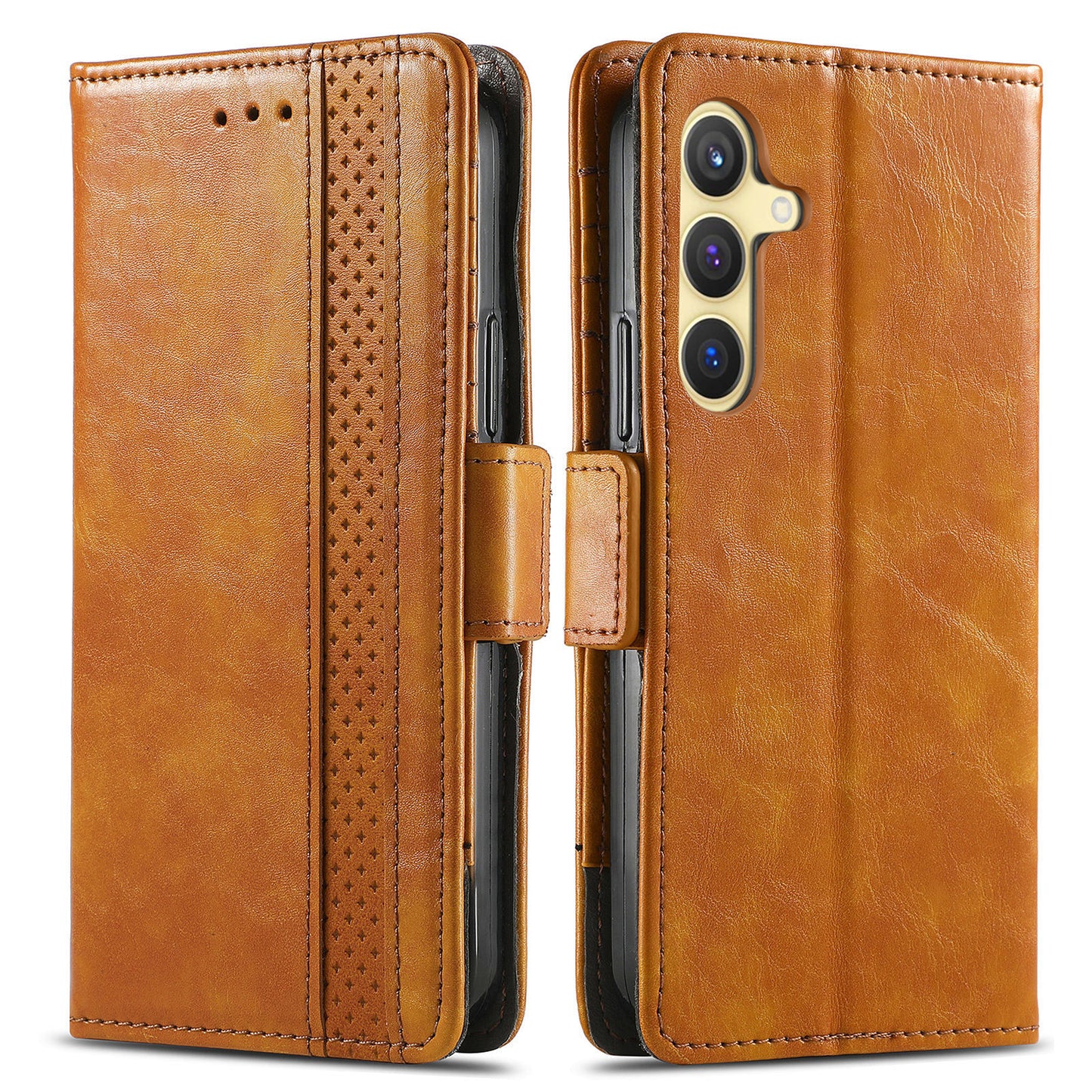 CASENEO 002 Series For Samsung Galaxy S24+ Case PU Leather Stand RFID Blocking Cover - Light Brown