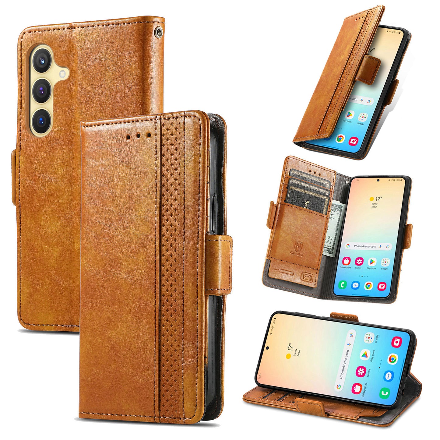 CASENEO 002 Series For Samsung Galaxy S24+ Case PU Leather Stand RFID Blocking Cover - Light Brown