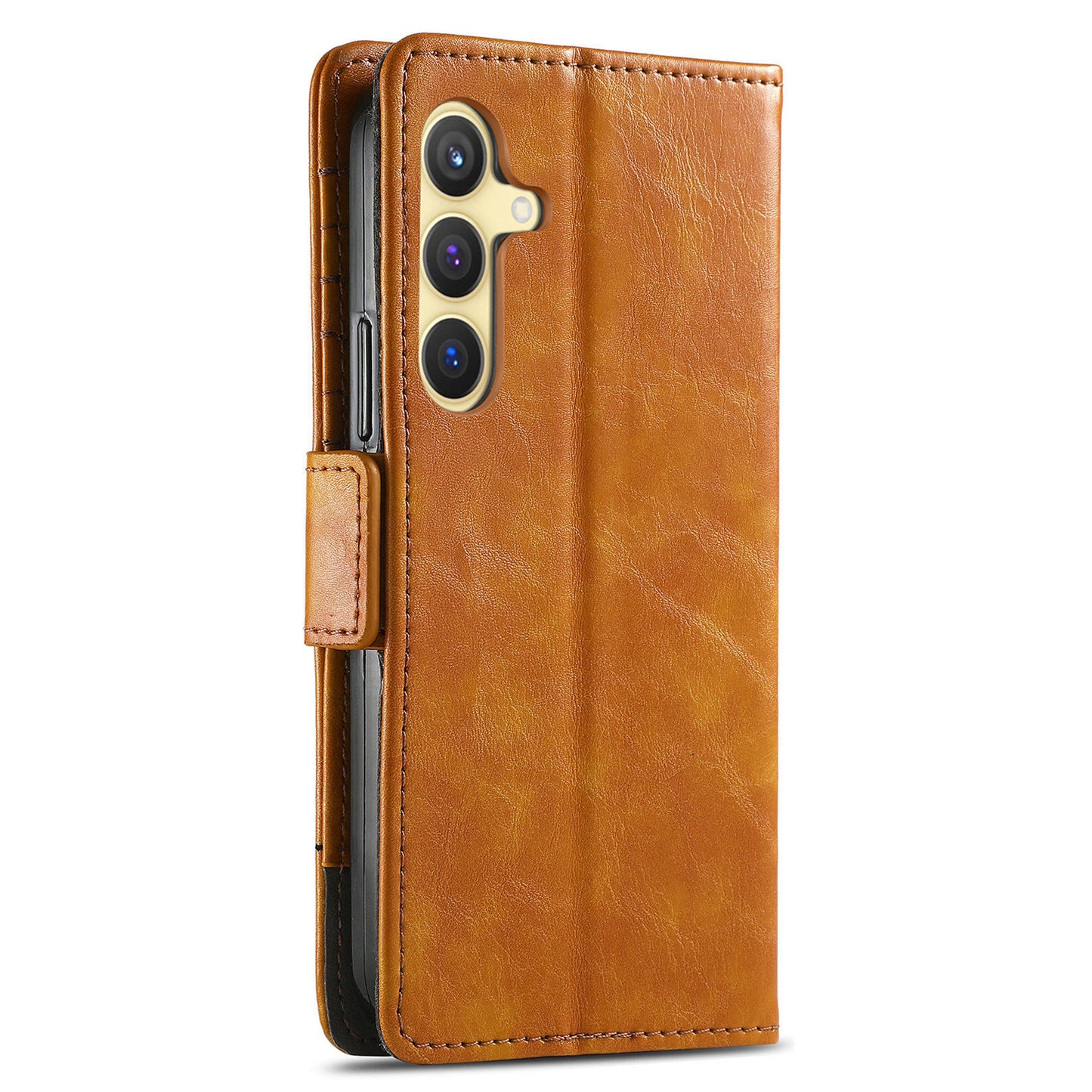 CASENEO 002 Series For Samsung Galaxy S24+ Case PU Leather Stand RFID Blocking Cover - Light Brown