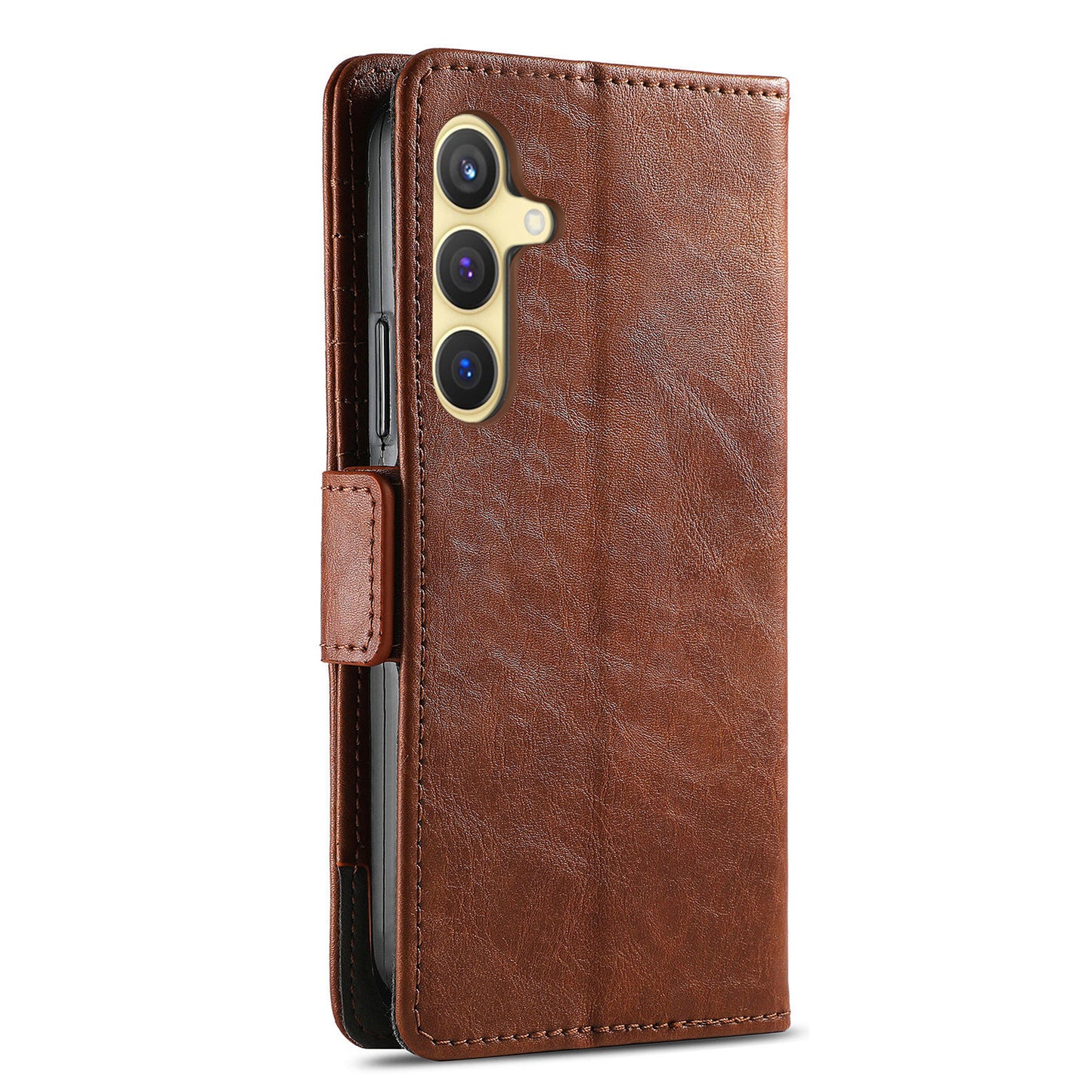 CASENEO 002 Series For Samsung Galaxy S24+ Case PU Leather Stand RFID Blocking Cover - Dark Brown