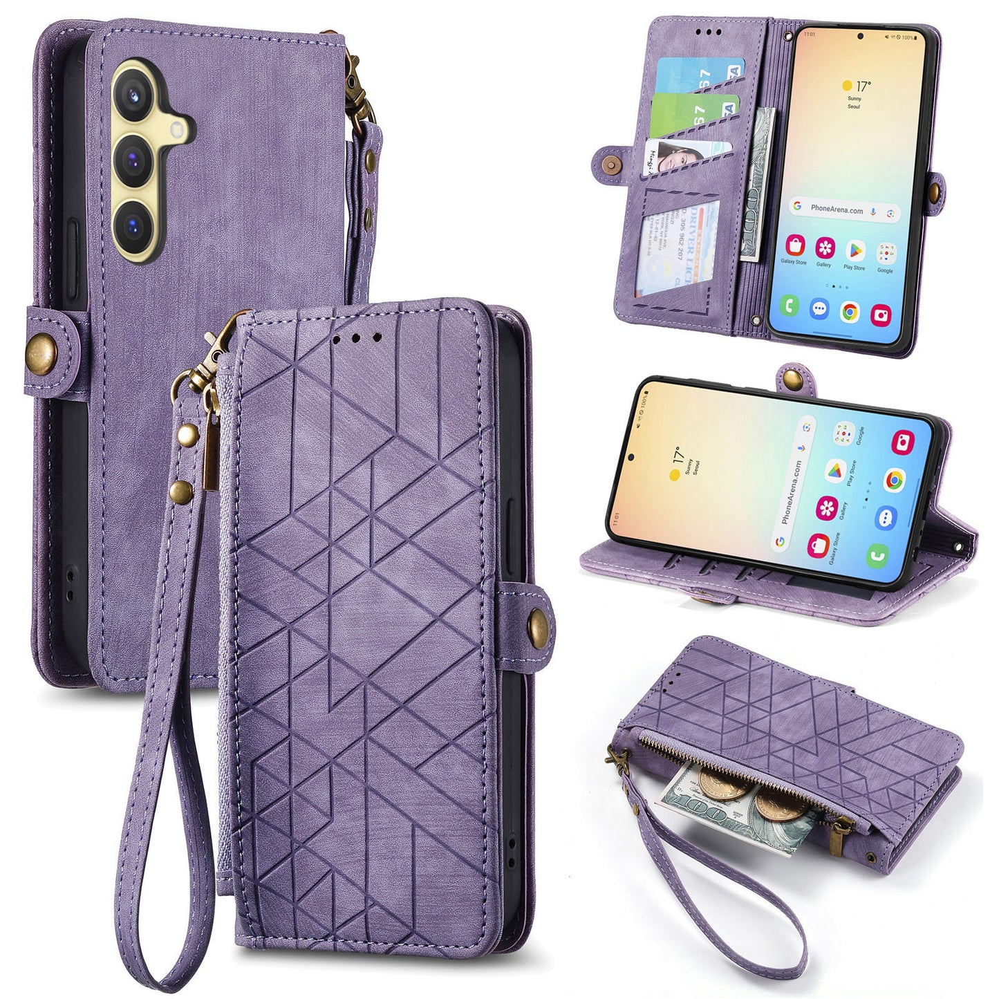 For Samsung Galaxy S24+ Leather Case Geometry Pattern Phone Wallet Cover - Purple