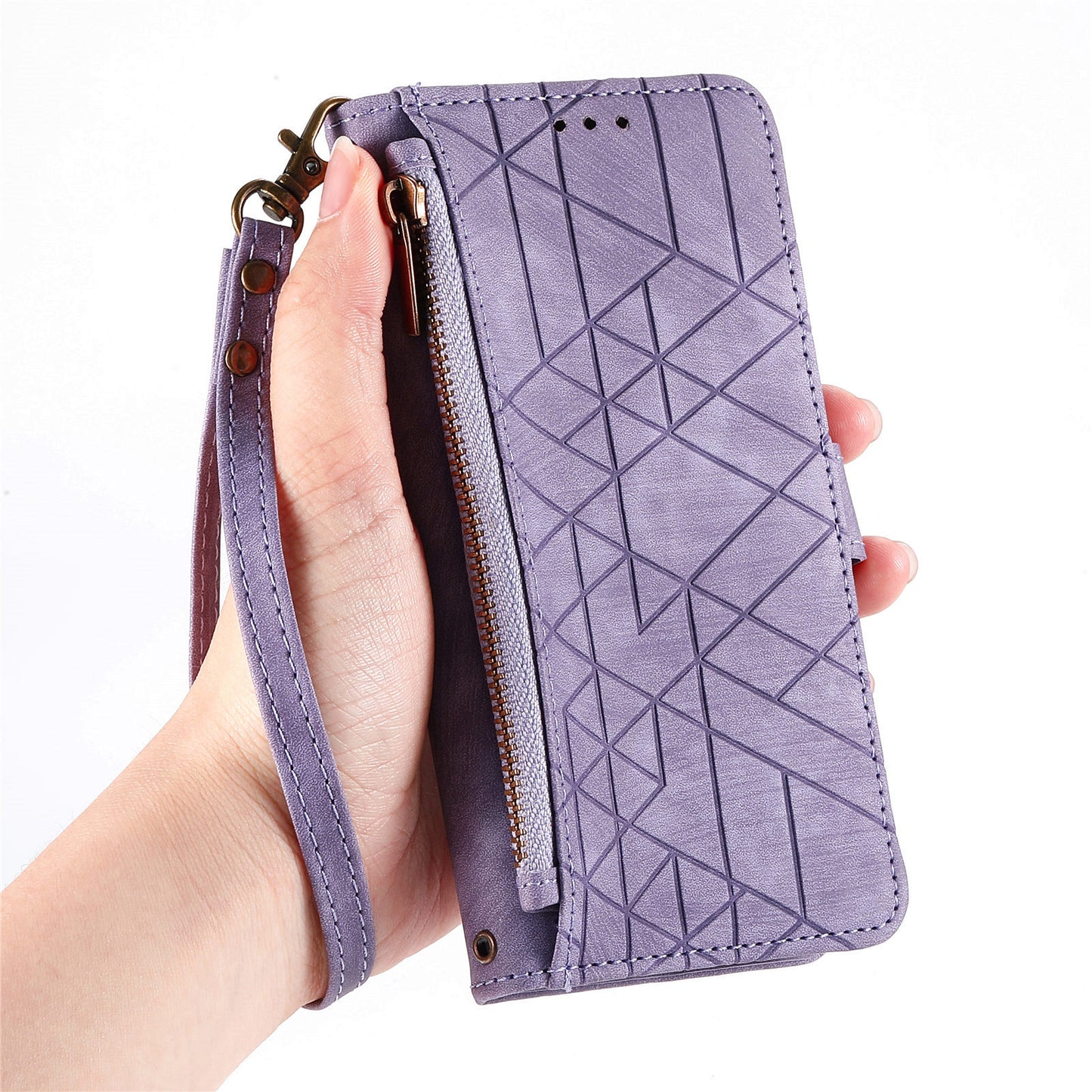 For Samsung Galaxy S24+ Leather Case Geometry Pattern Phone Wallet Cover - Purple