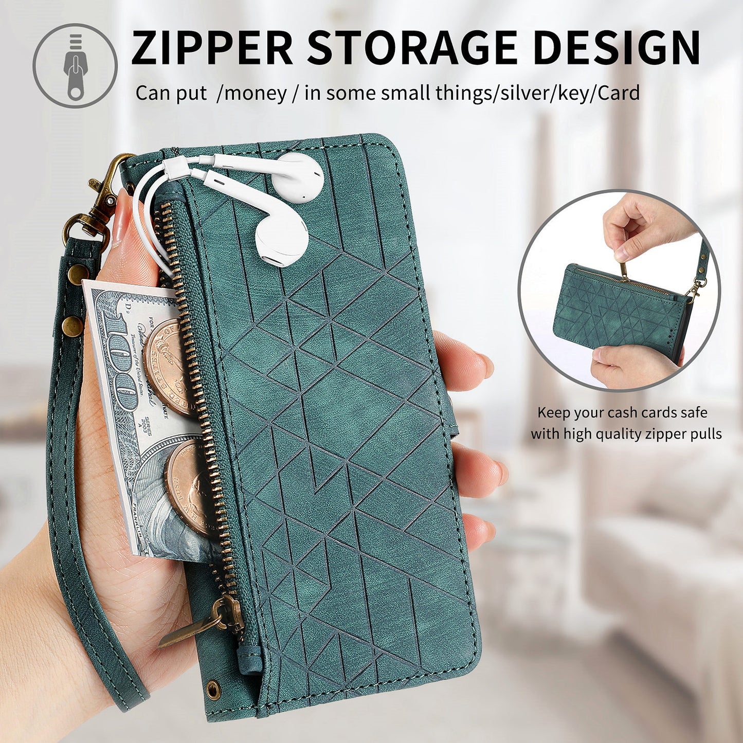 For Samsung Galaxy S24+ Leather Case Geometry Pattern Phone Wallet Cover - Green