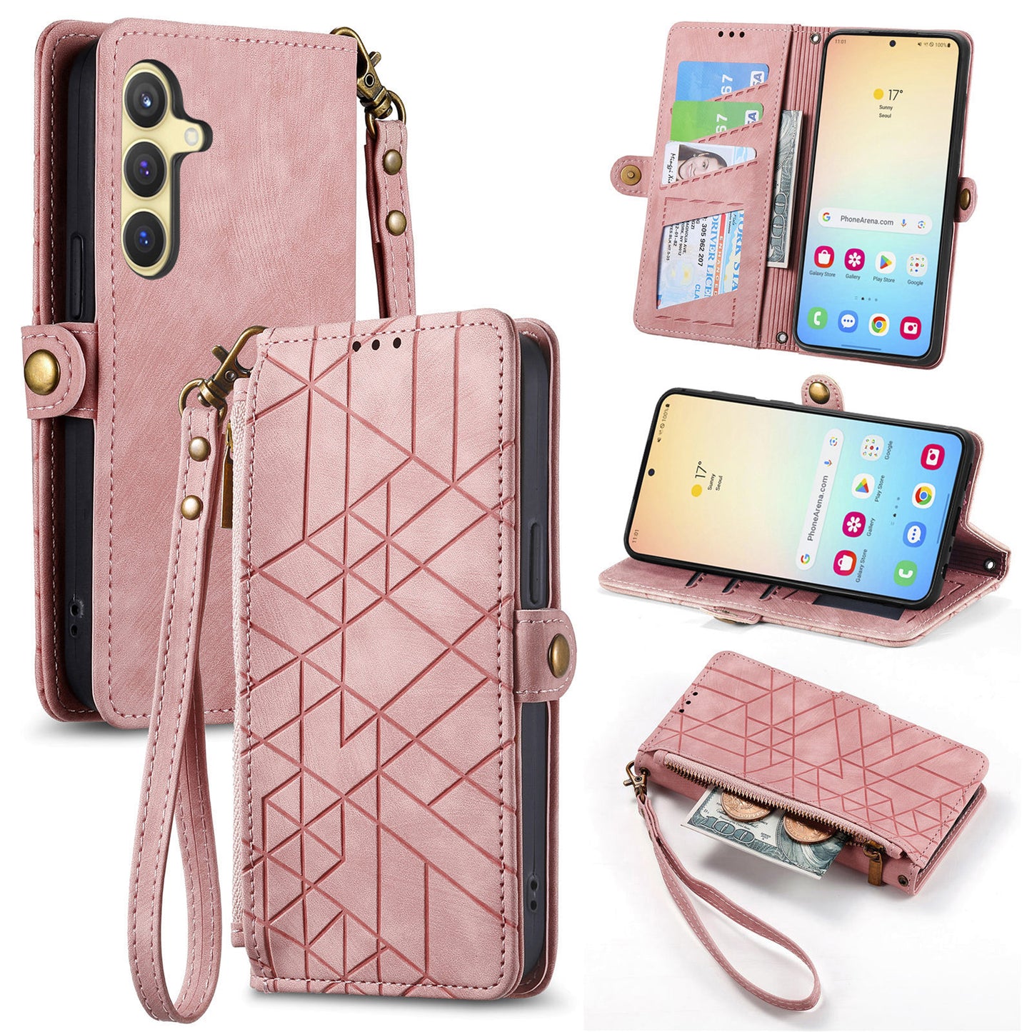 For Samsung Galaxy S24 Case Geometry Pattern Zipper Pocket Phone Cover - Pink