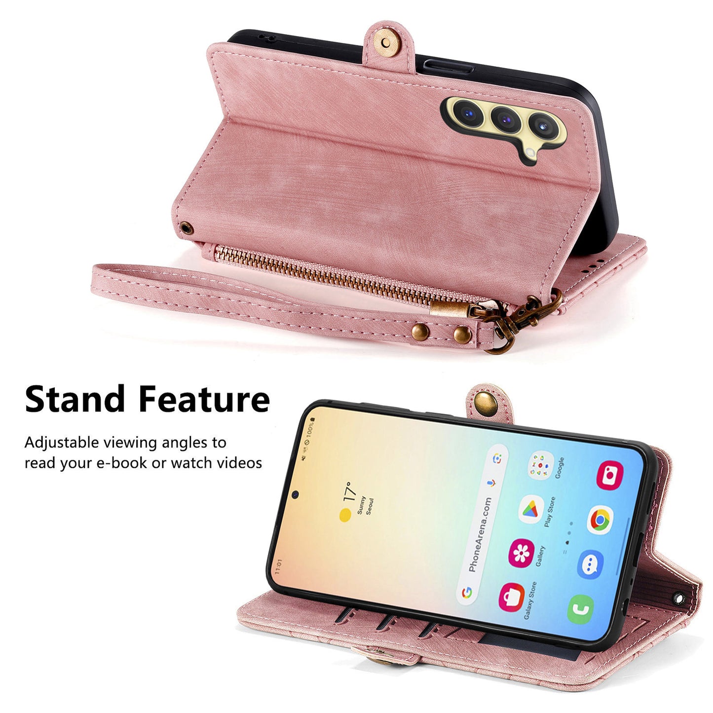 For Samsung Galaxy S24 Case Geometry Pattern Zipper Pocket Phone Cover - Pink