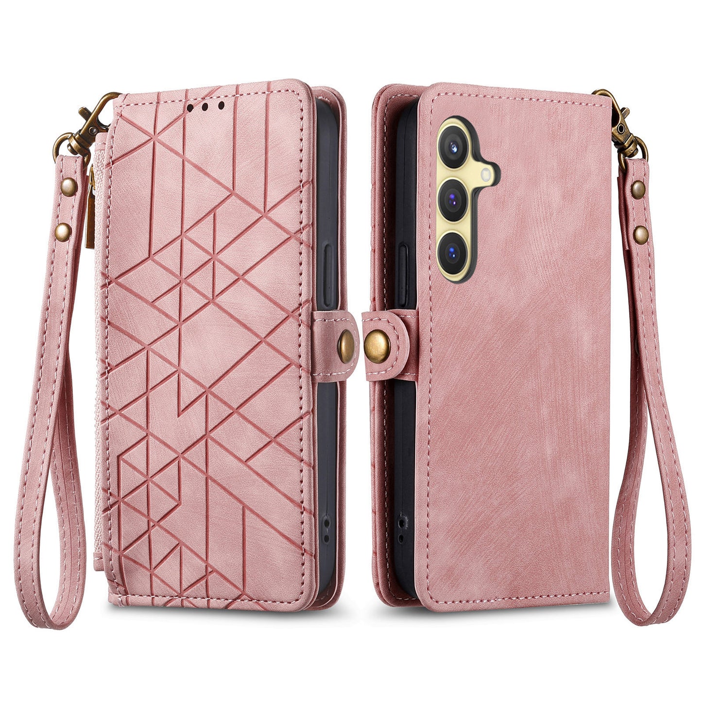 For Samsung Galaxy S24 Case Geometry Pattern Zipper Pocket Phone Cover - Pink