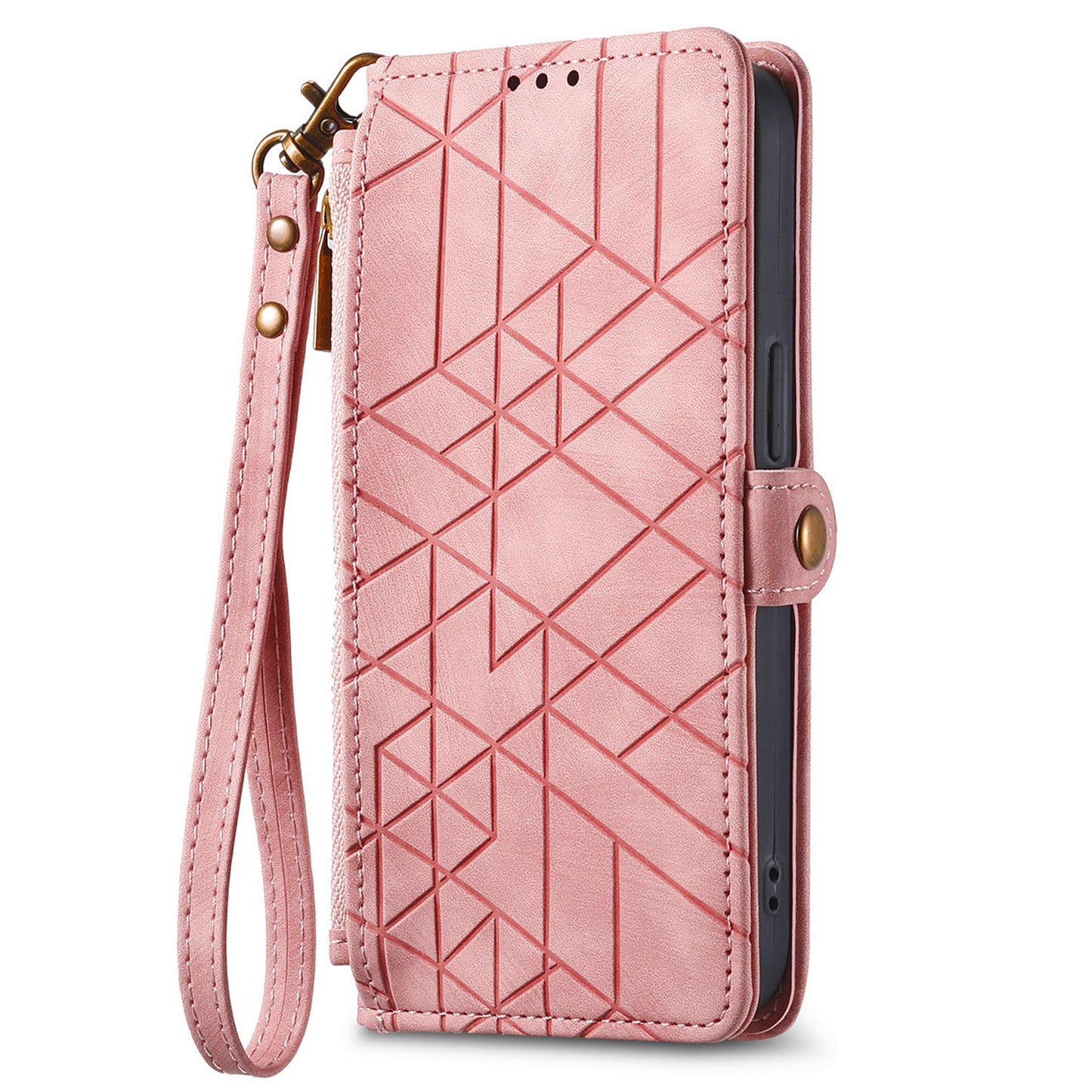 For Samsung Galaxy S24 Case Geometry Pattern Zipper Pocket Phone Cover - Pink