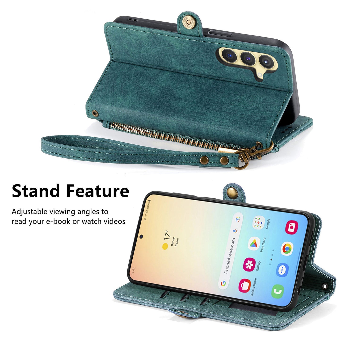 For Samsung Galaxy S24 Case Geometry Pattern Zipper Pocket Phone Cover - Green