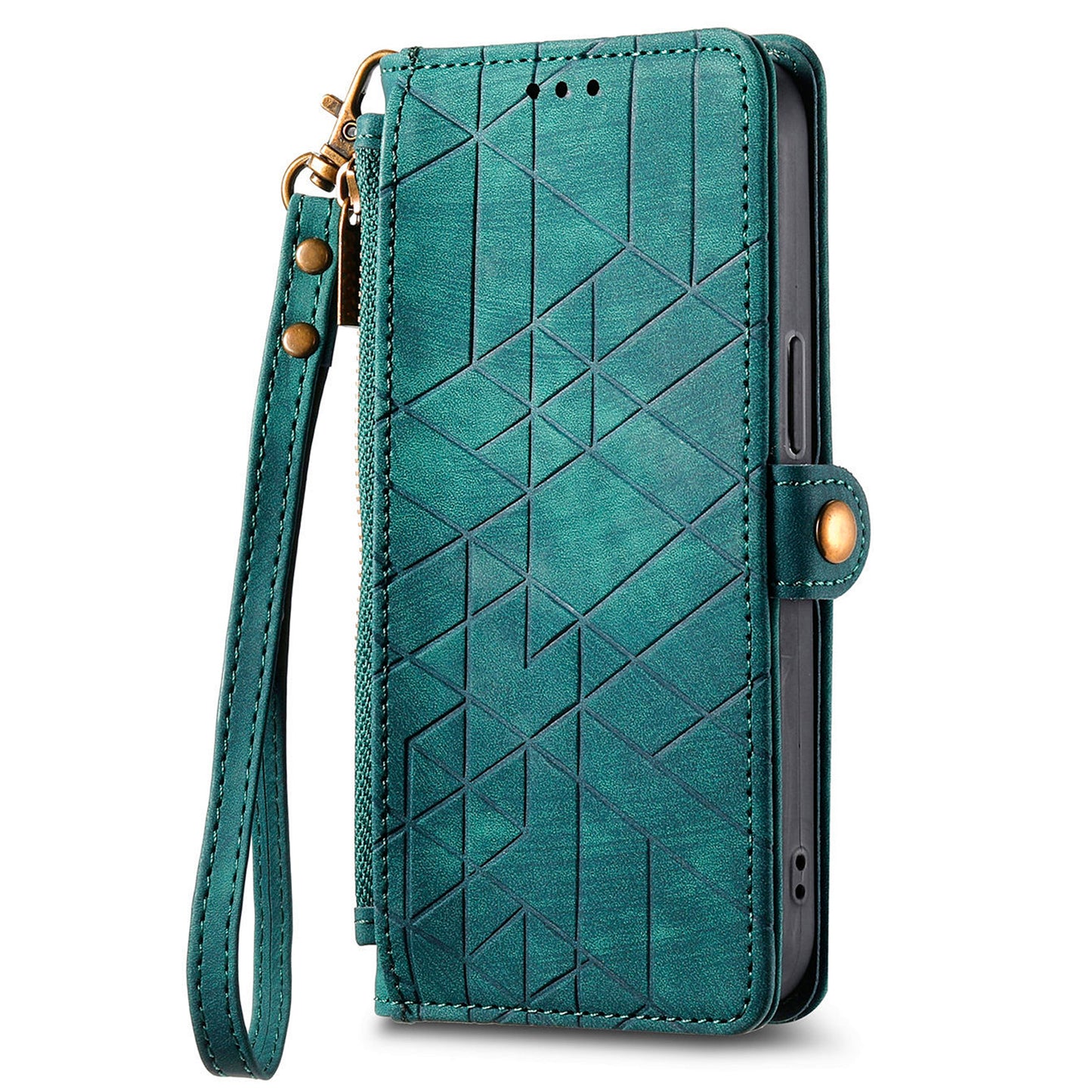 For Samsung Galaxy S24 Case Geometry Pattern Zipper Pocket Phone Cover - Green