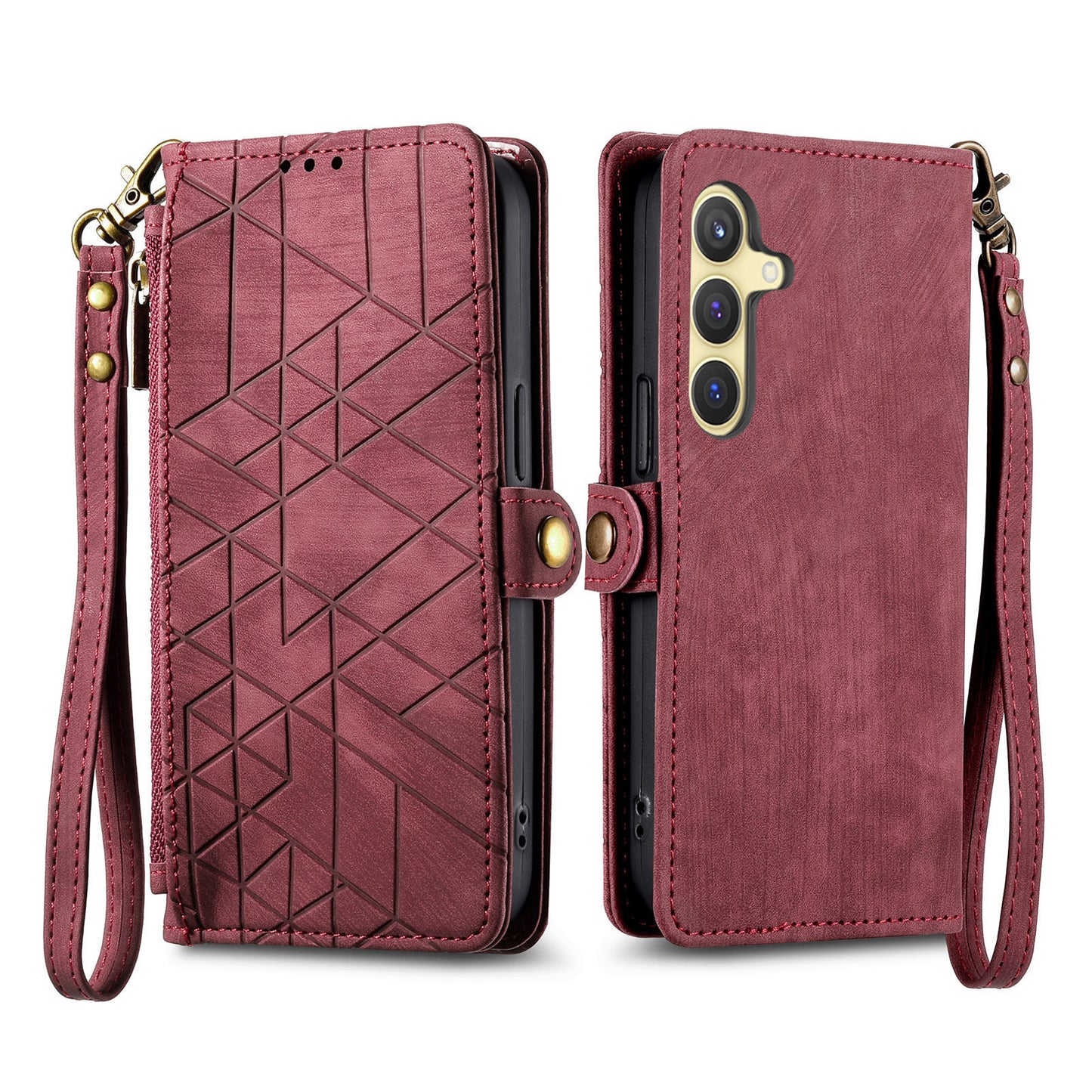 For Samsung Galaxy S24 Case Geometry Pattern Zipper Pocket Phone Cover - Red