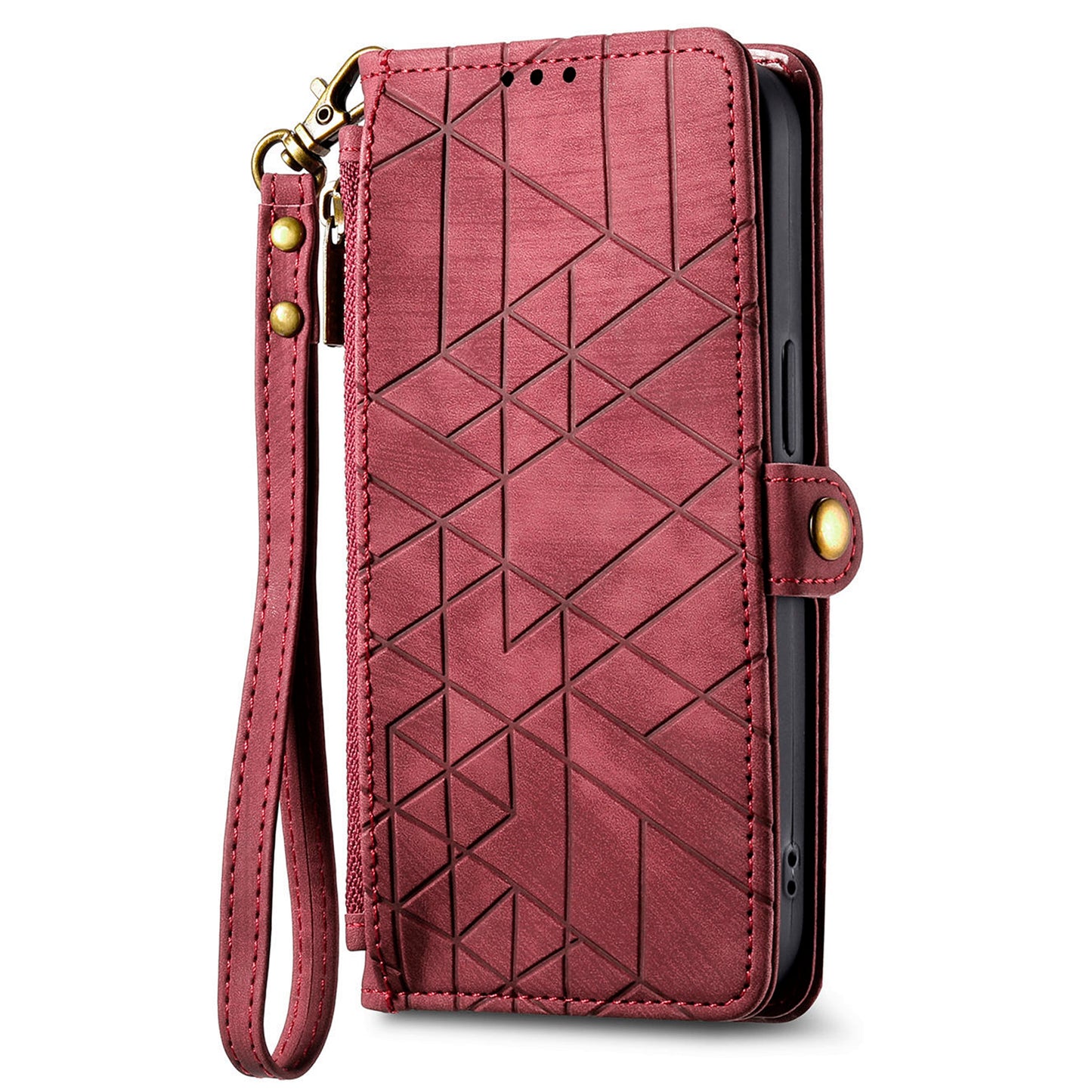 For Samsung Galaxy S24 Case Geometry Pattern Zipper Pocket Phone Cover - Red