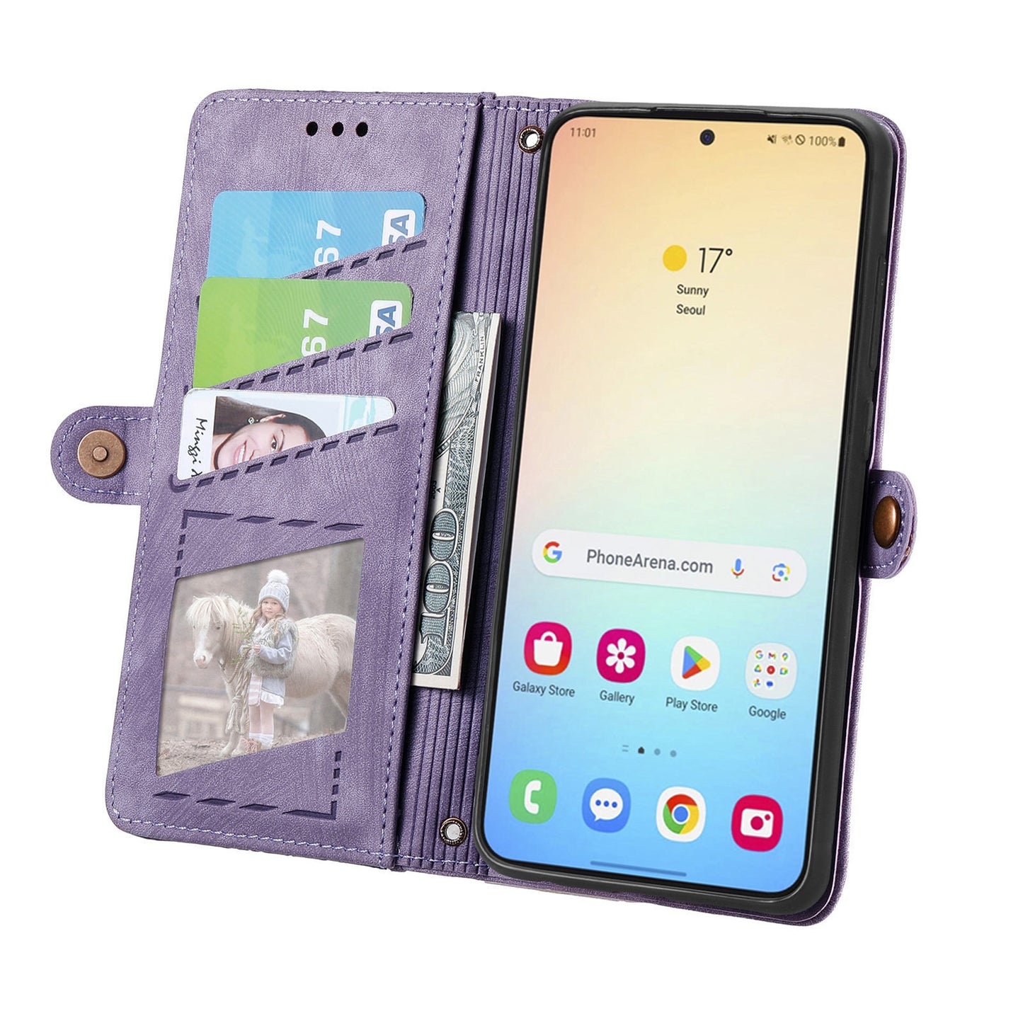 For Samsung Galaxy S24 Case Geometry Pattern Zipper Pocket Phone Cover - Purple