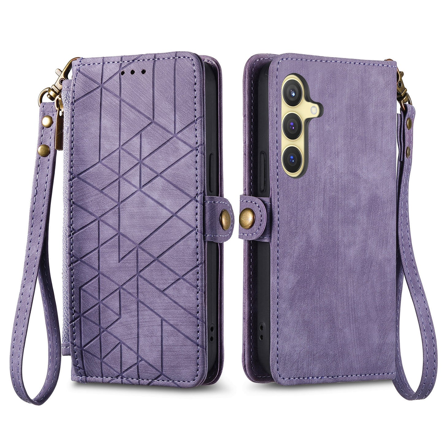 For Samsung Galaxy S24 Case Geometry Pattern Zipper Pocket Phone Cover - Purple