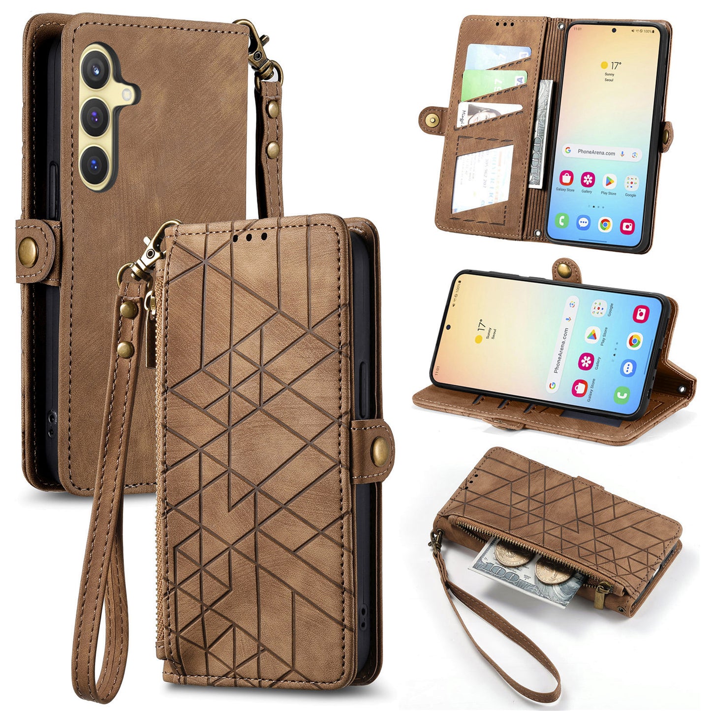 For Samsung Galaxy S24 Case Geometry Pattern Zipper Pocket Phone Cover - Brown