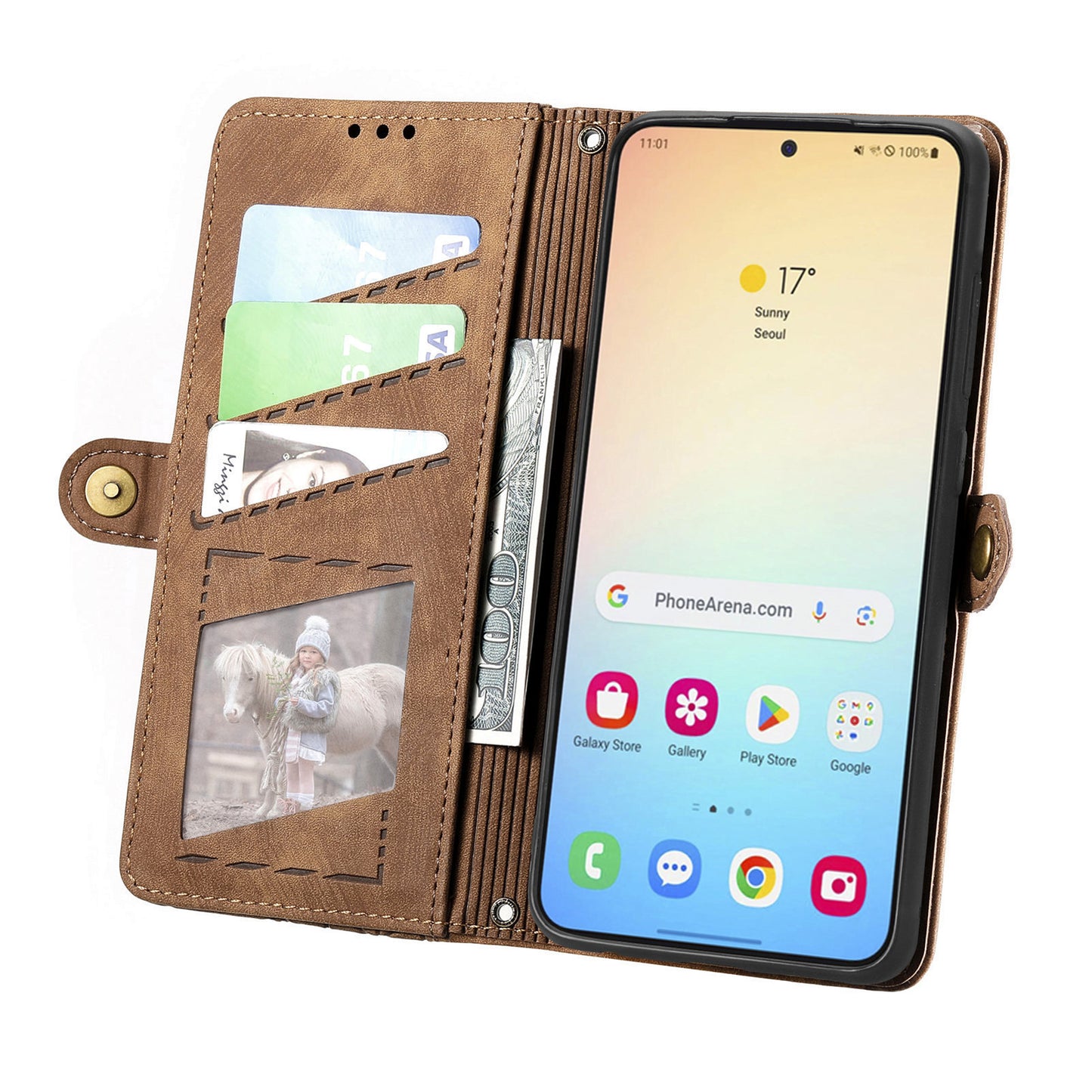 For Samsung Galaxy S24 Case Geometry Pattern Zipper Pocket Phone Cover - Brown