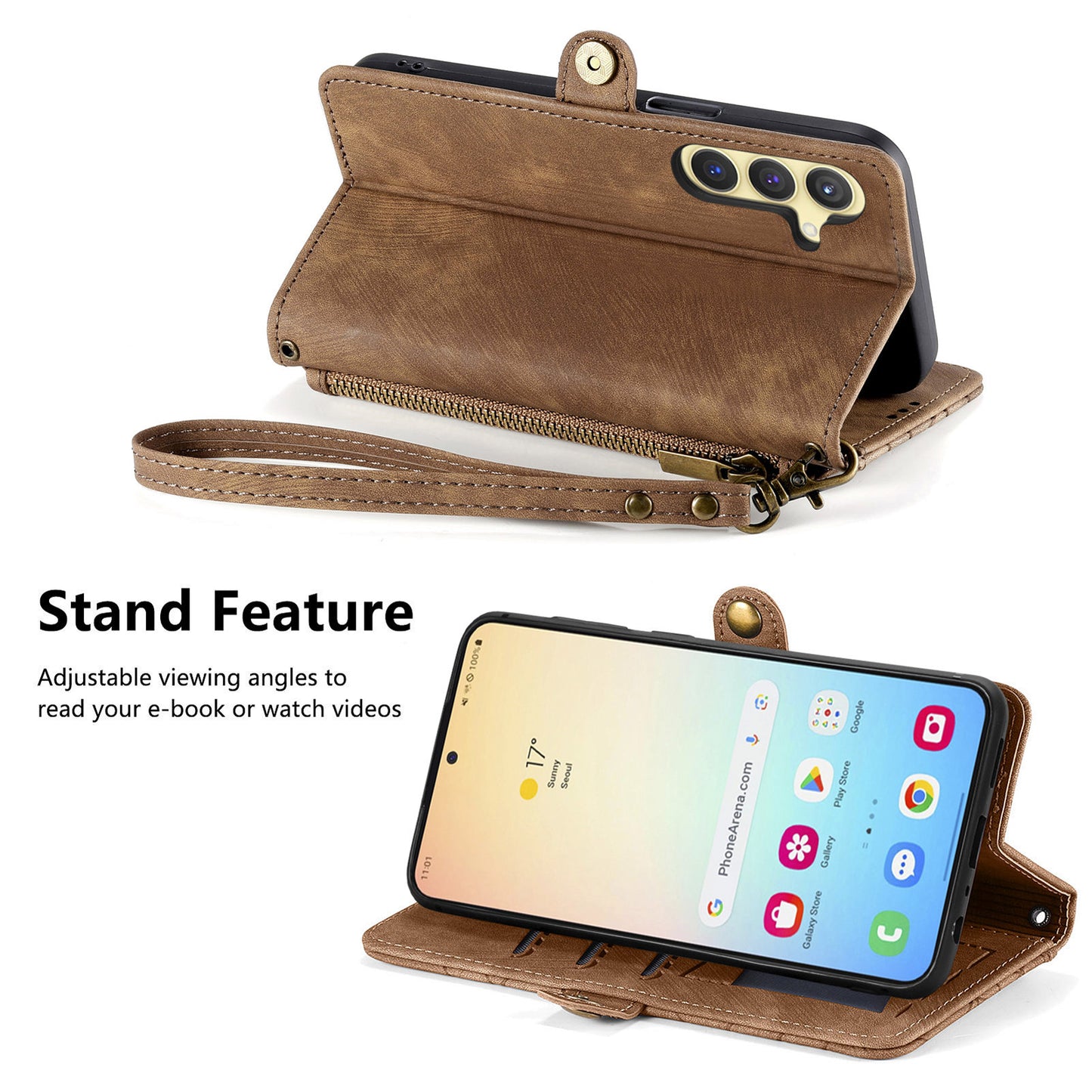 For Samsung Galaxy S24 Case Geometry Pattern Zipper Pocket Phone Cover - Brown