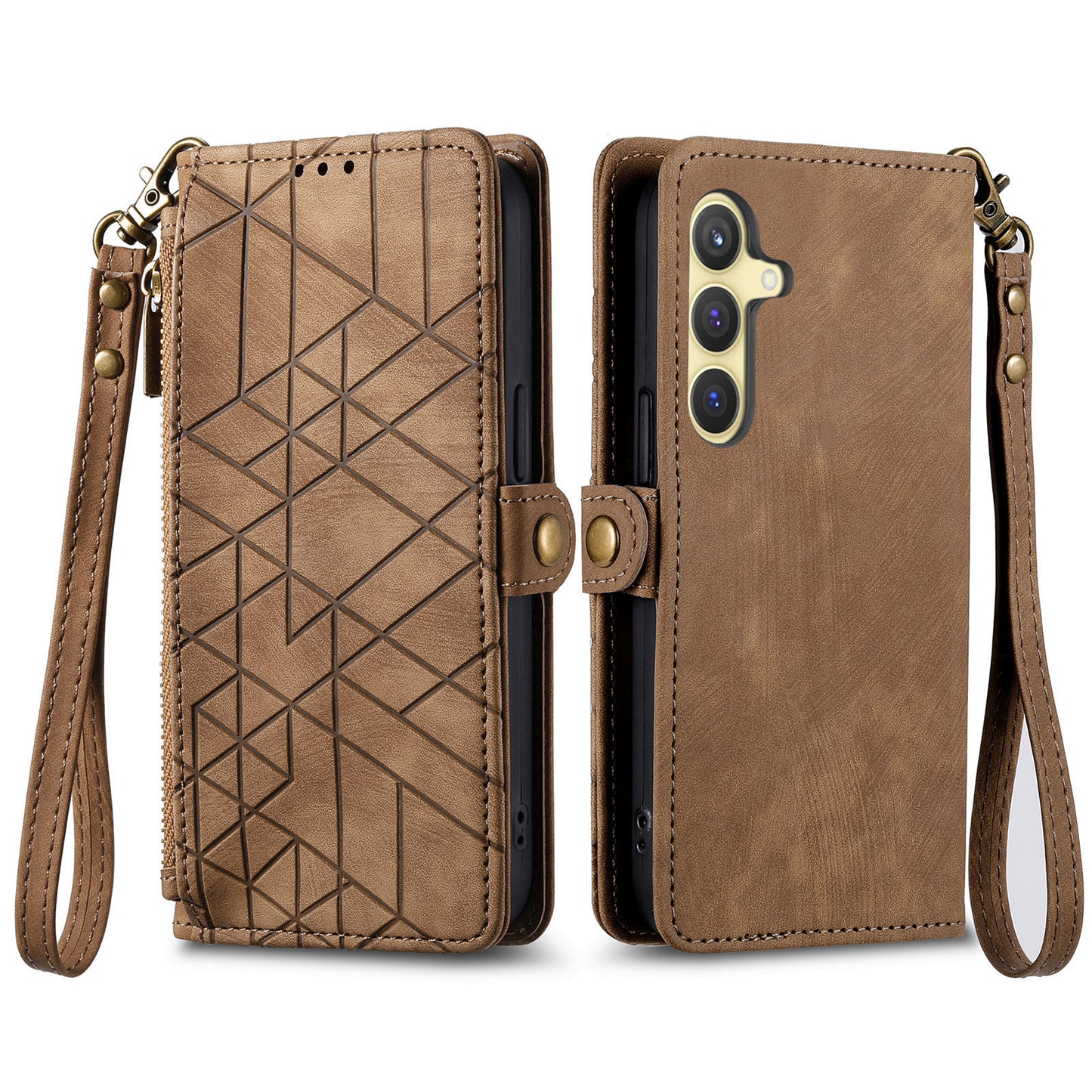 For Samsung Galaxy S24 Case Geometry Pattern Zipper Pocket Phone Cover - Brown