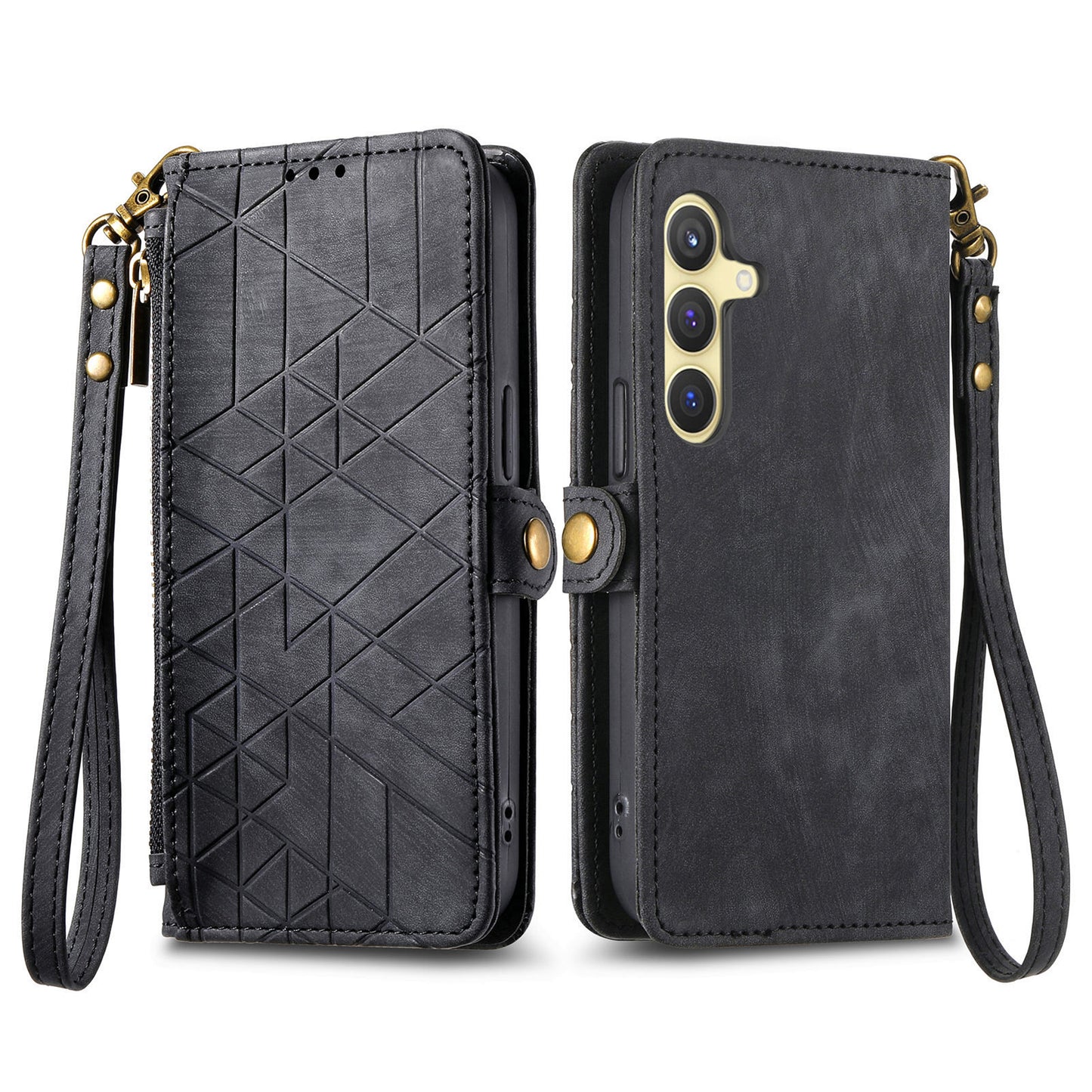 For Samsung Galaxy S24 Case Geometry Pattern Zipper Pocket Phone Cover - Black