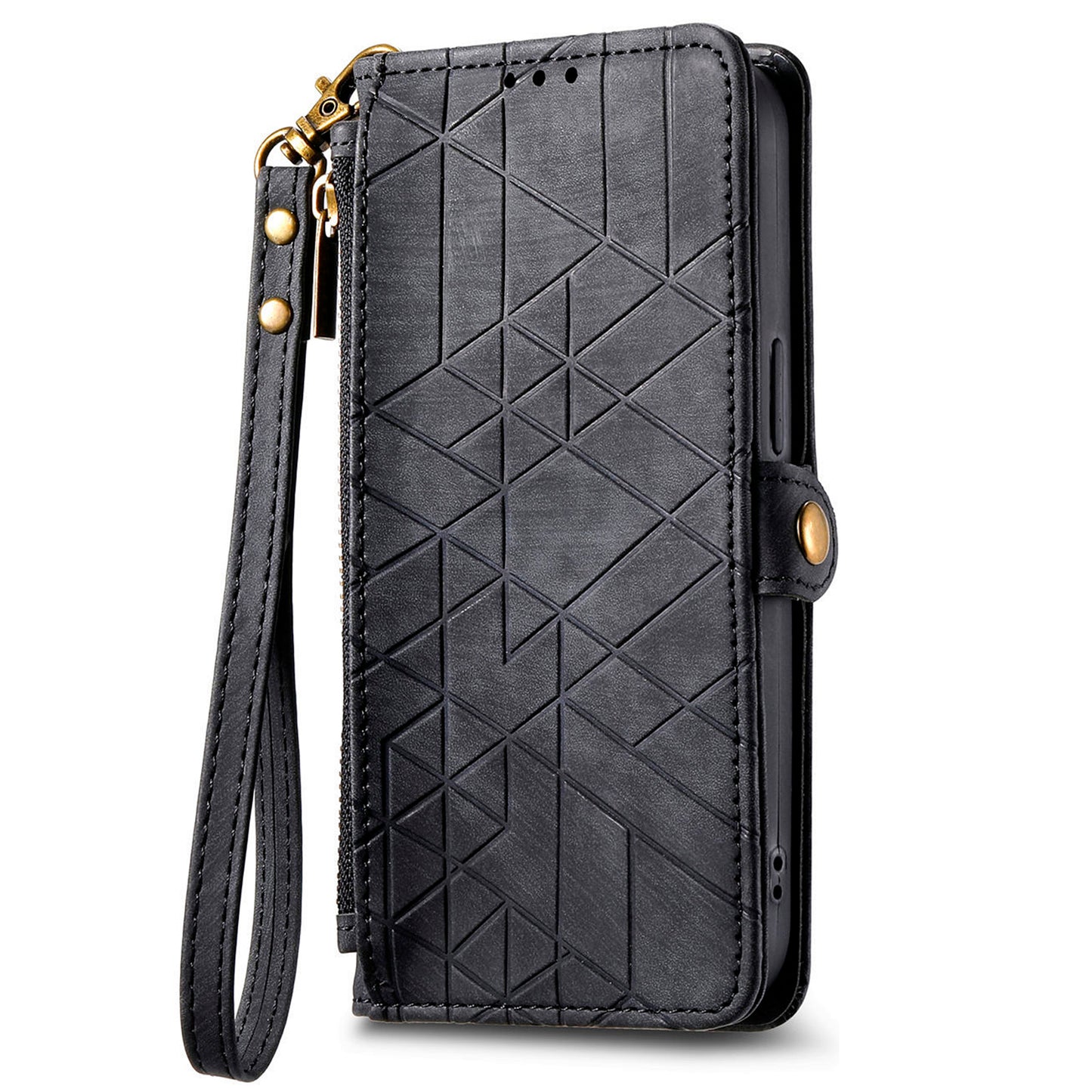 For Samsung Galaxy S24 Case Geometry Pattern Zipper Pocket Phone Cover - Black