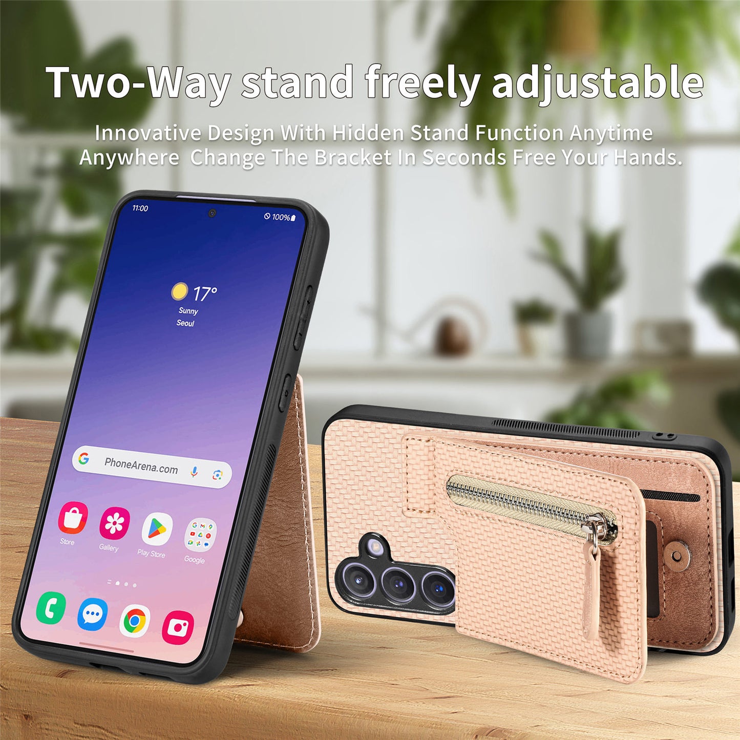 For Samsung Galaxy S24 Case Zipper Pocket Carbon Fiber Texture Phone Kickstand Cover - Apricot