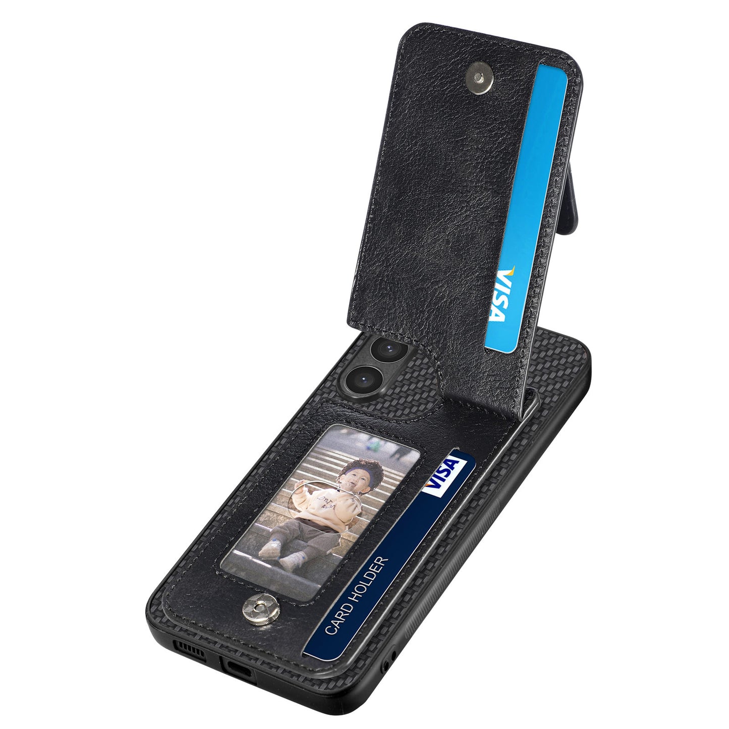 For Samsung Galaxy S24 Case Zipper Pocket Carbon Fiber Texture Phone Kickstand Cover - Black