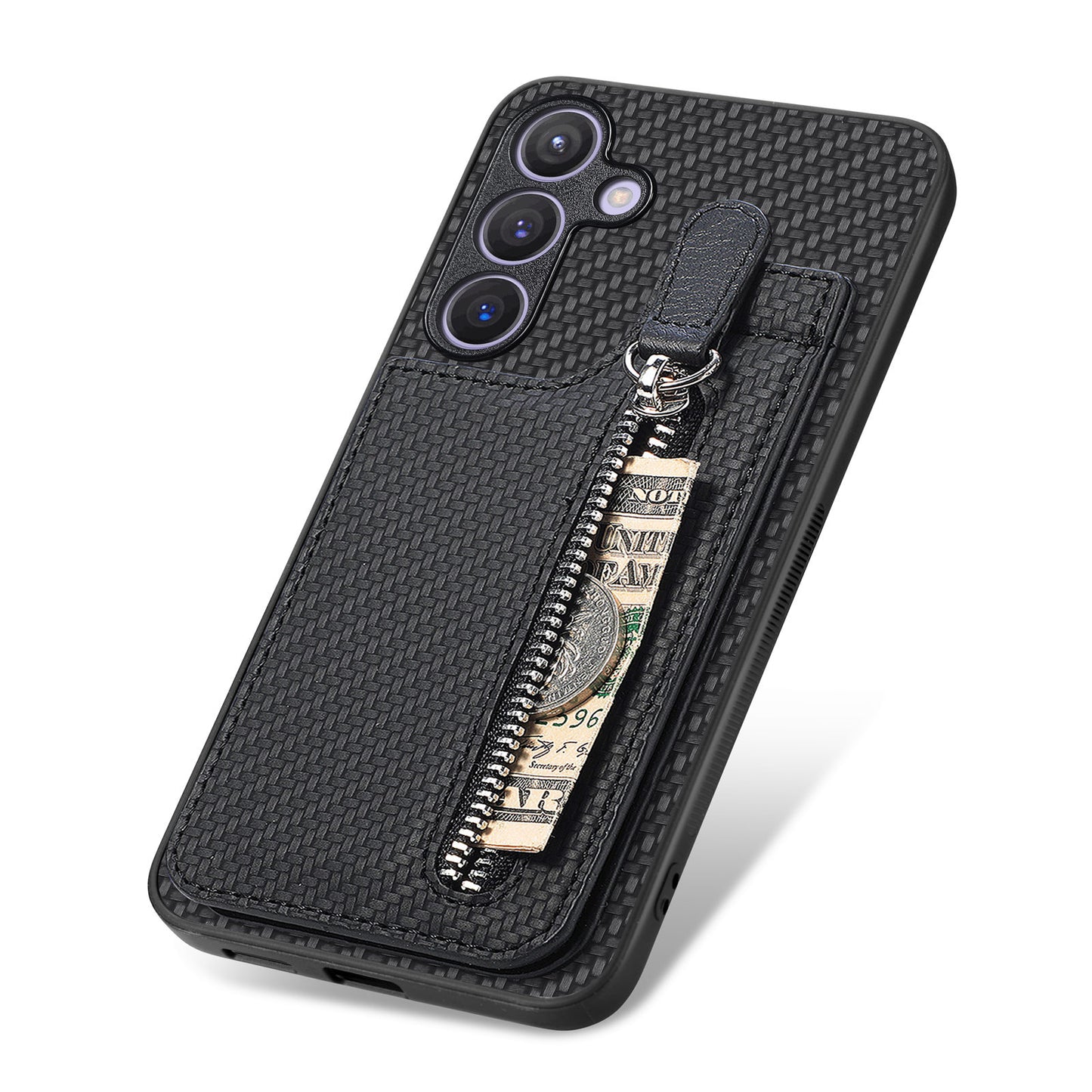 For Samsung Galaxy S24 Case Zipper Pocket Carbon Fiber Texture Phone Kickstand Cover - Black