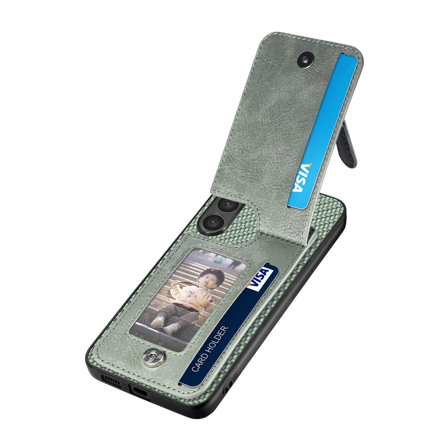 For Samsung Galaxy S24 Case Zipper Pocket Carbon Fiber Texture Phone Kickstand Cover - Green