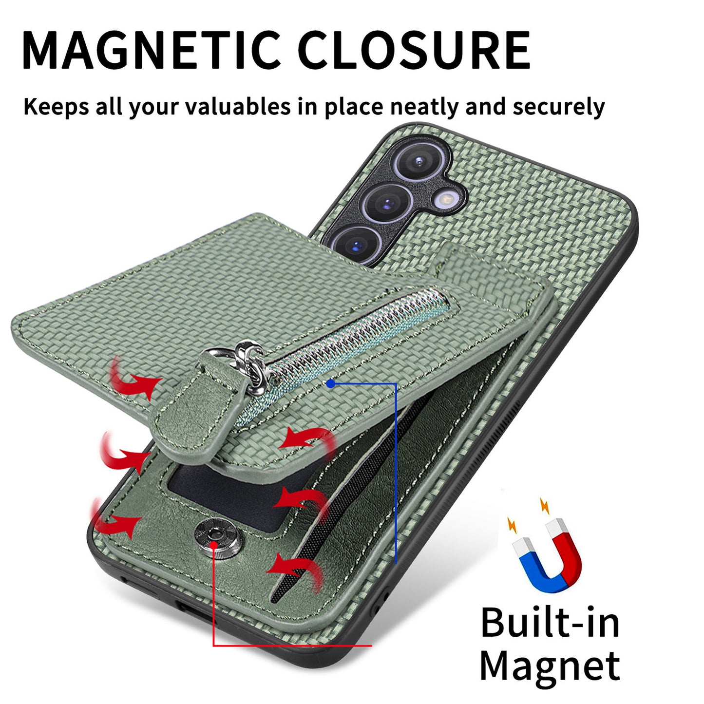 For Samsung Galaxy S24 Case Zipper Pocket Carbon Fiber Texture Phone Kickstand Cover - Green