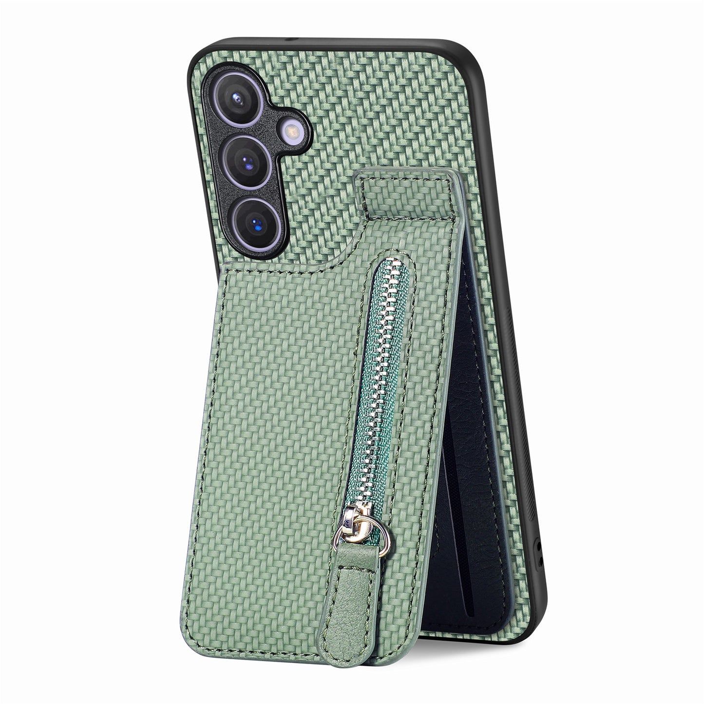 For Samsung Galaxy S24+ Kickstand Case Zipper Pocket Carbon Fiber Texture Phone Cover - Green