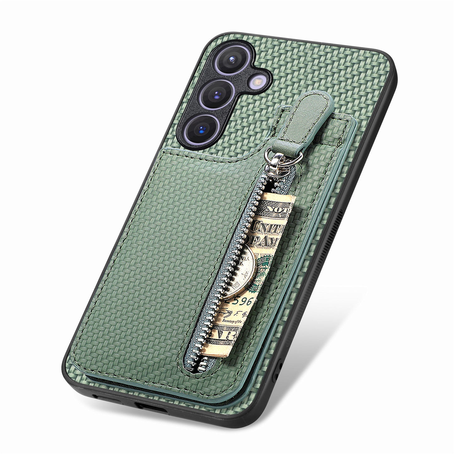 For Samsung Galaxy S24+ Kickstand Case Zipper Pocket Carbon Fiber Texture Phone Cover - Green