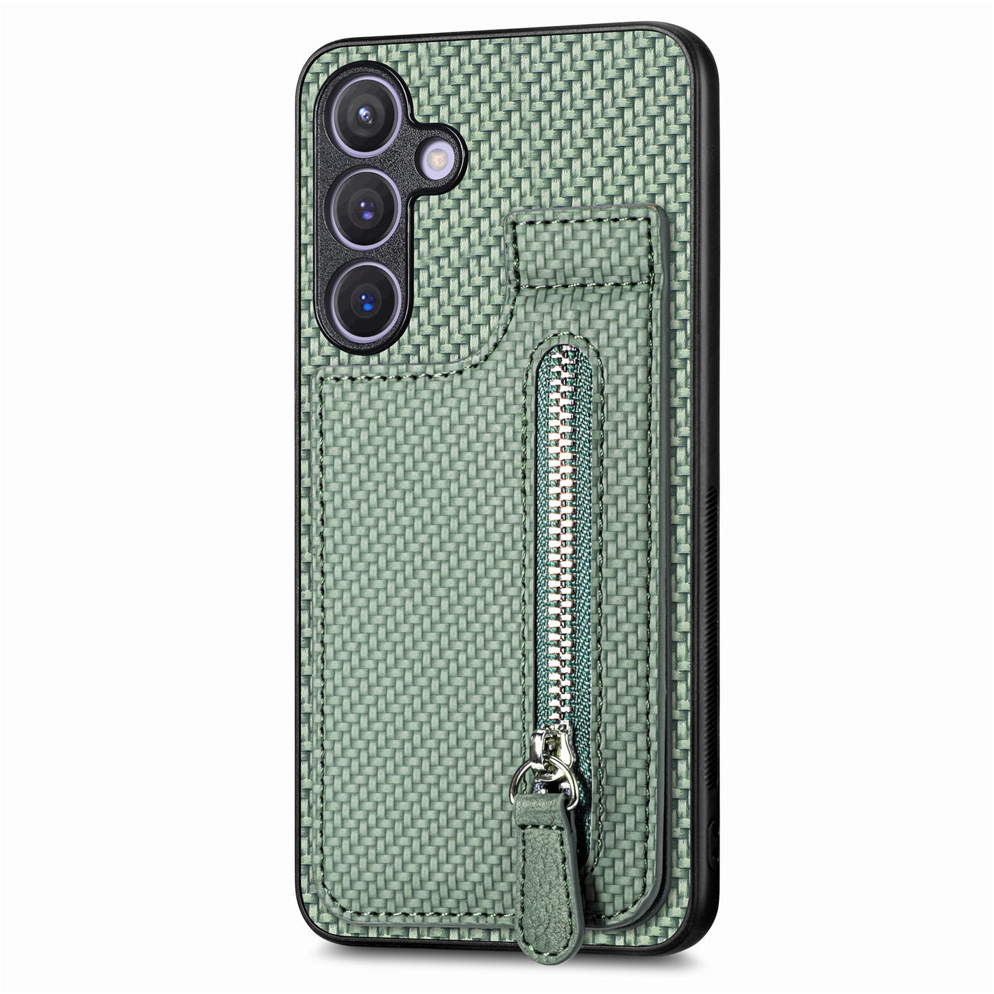 For Samsung Galaxy S24+ Kickstand Case Zipper Pocket Carbon Fiber Texture Phone Cover - Green