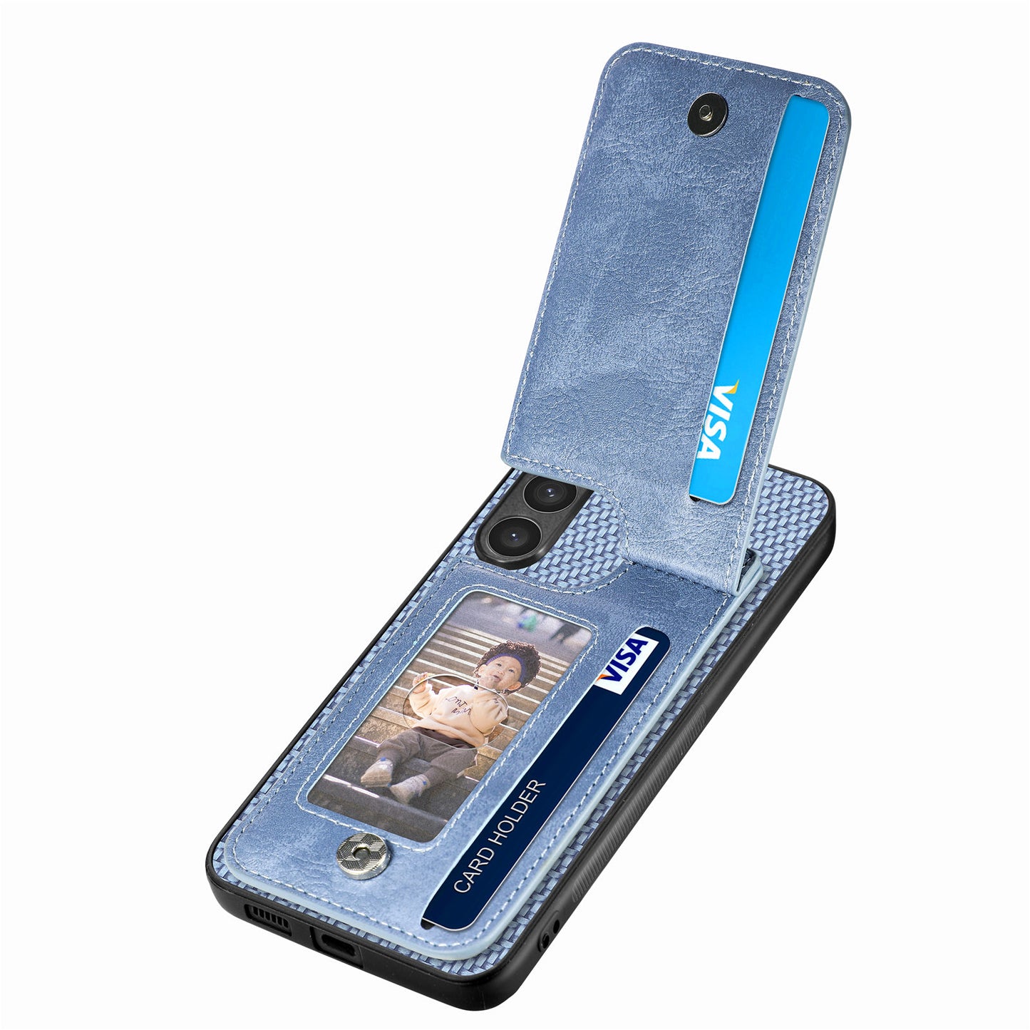 For Samsung Galaxy S24+ Kickstand Case Zipper Pocket Carbon Fiber Texture Phone Cover - Blue